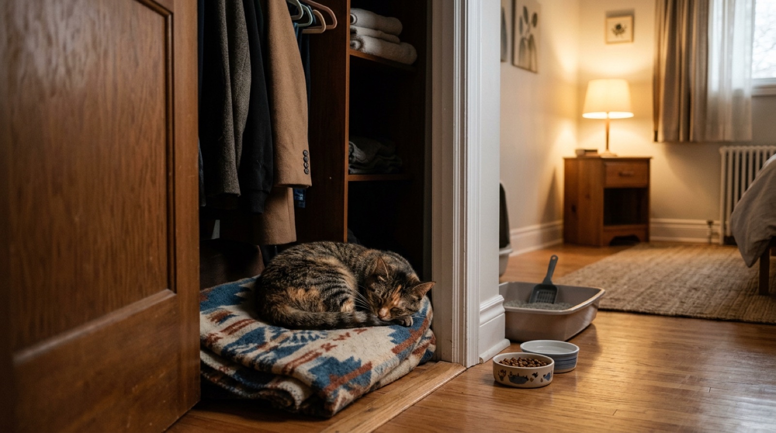 Newly adopted rescue cat peering out from under a bed in a Kingston Ontario home