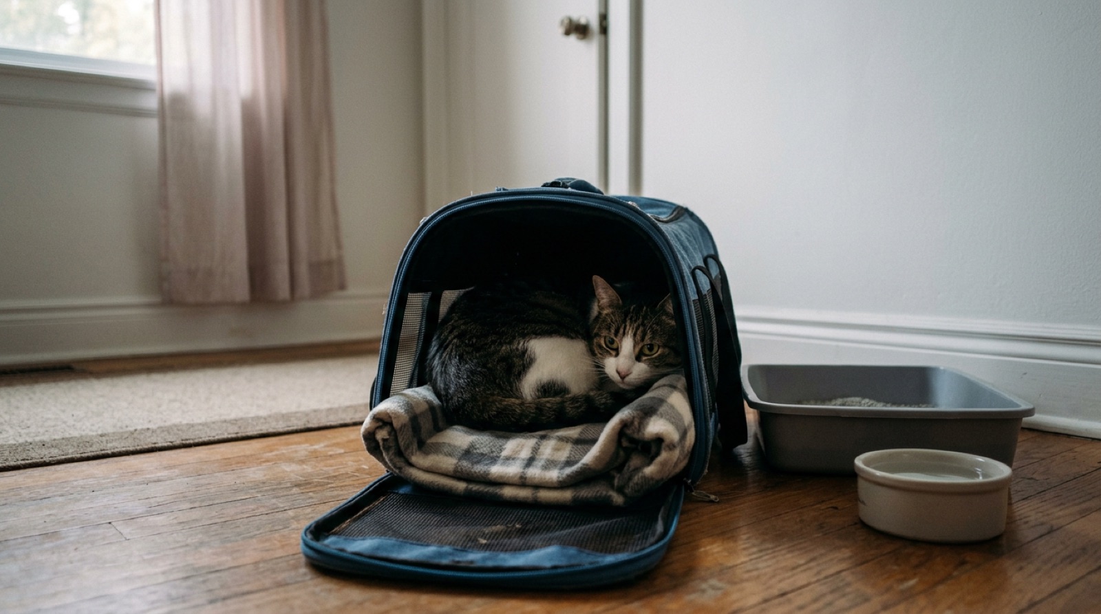 A newly adopted rescue cat peeking out from a hiding spot in a Kitchener home