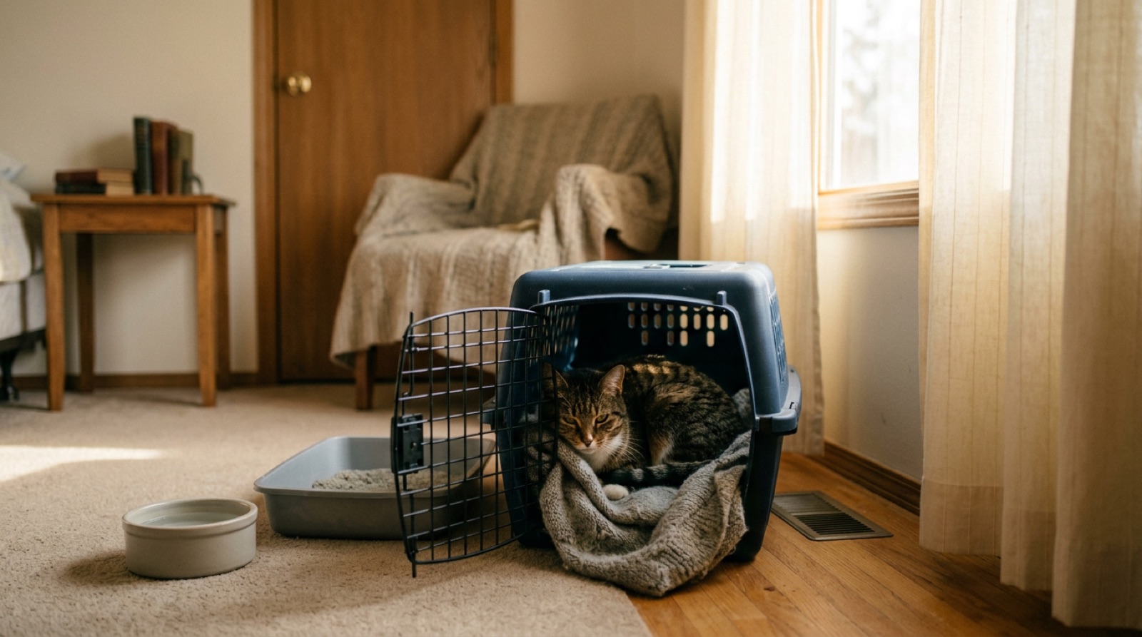 Nervous rescue cat peering out from under a bed in its safe room in a Lethbridge Alberta home