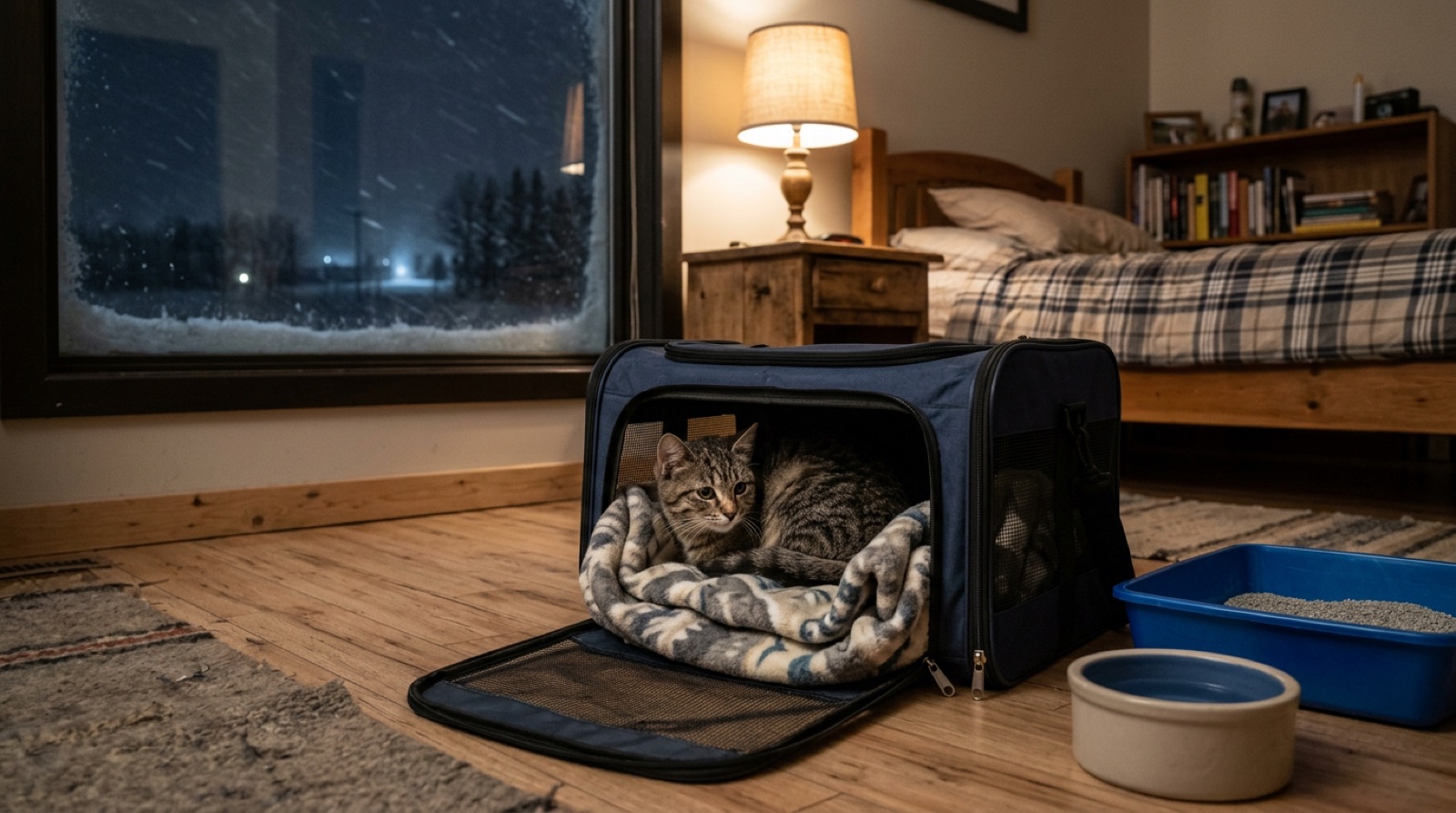 A rescue cat settling into a quiet safe room in a Lloydminster home during its first week