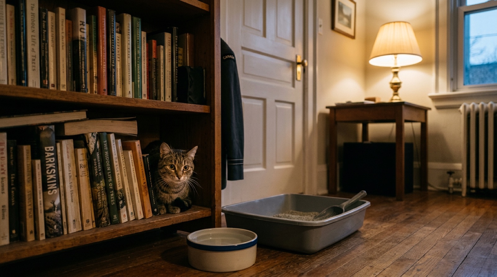 Newly adopted rescue cat settling into a quiet safe room in a London Ontario home