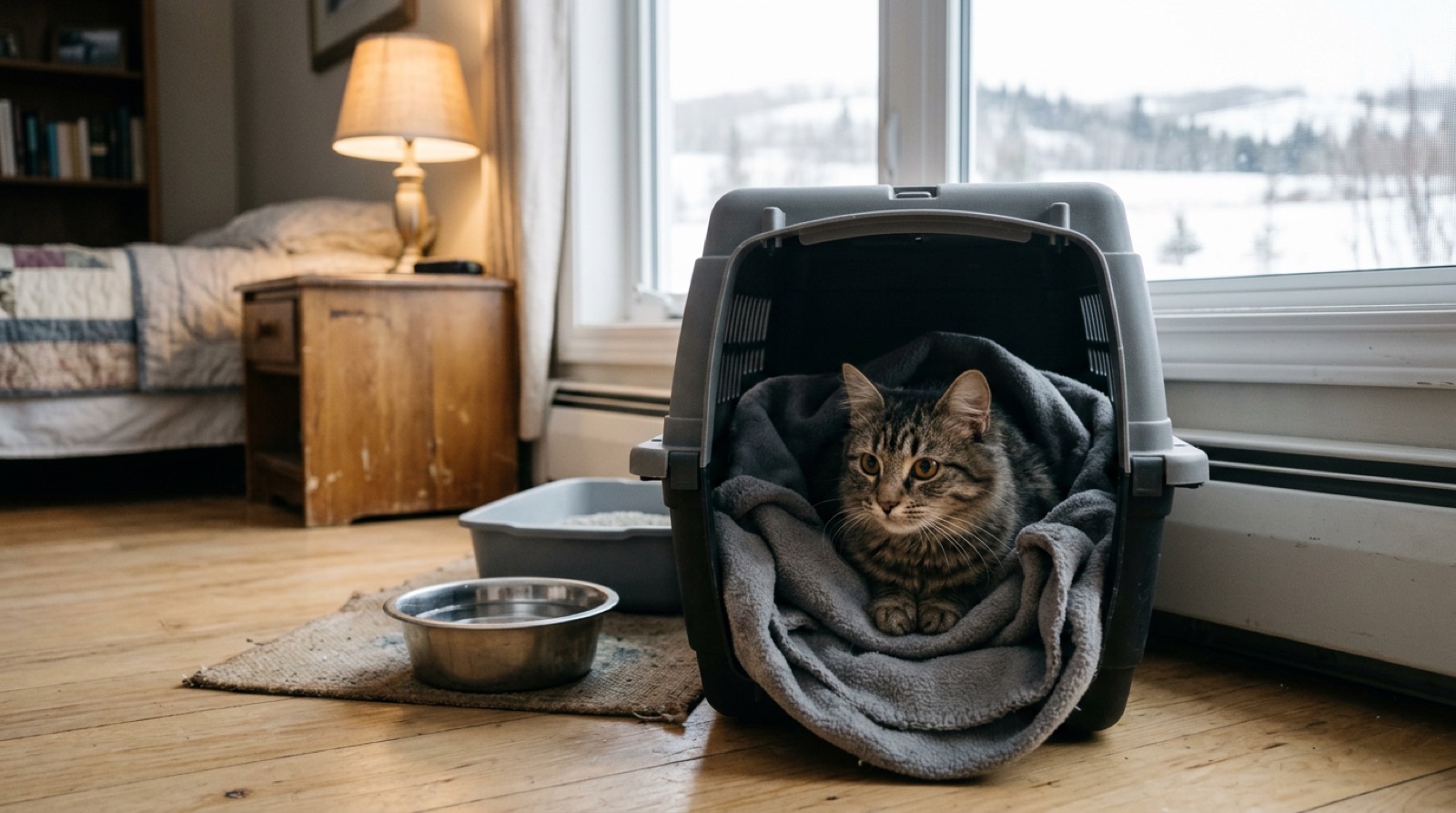 New rescue cat peeking out from a hiding spot in a quiet room in Melfort Saskatchewan