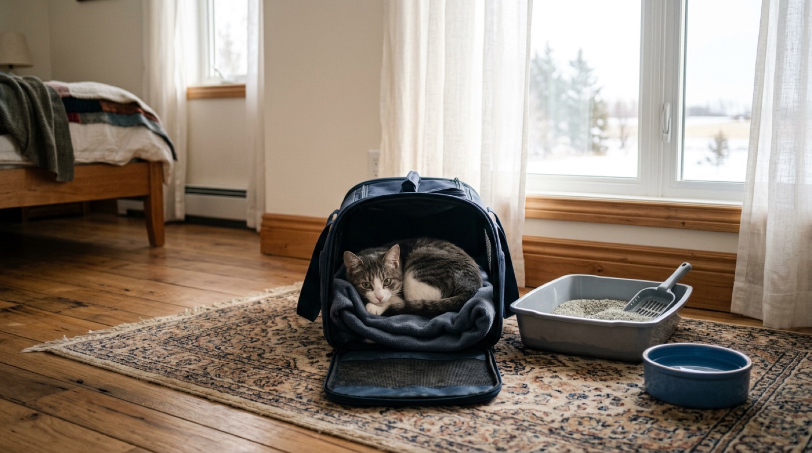 Newly adopted rescue cat peering out from a hiding spot in a quiet room