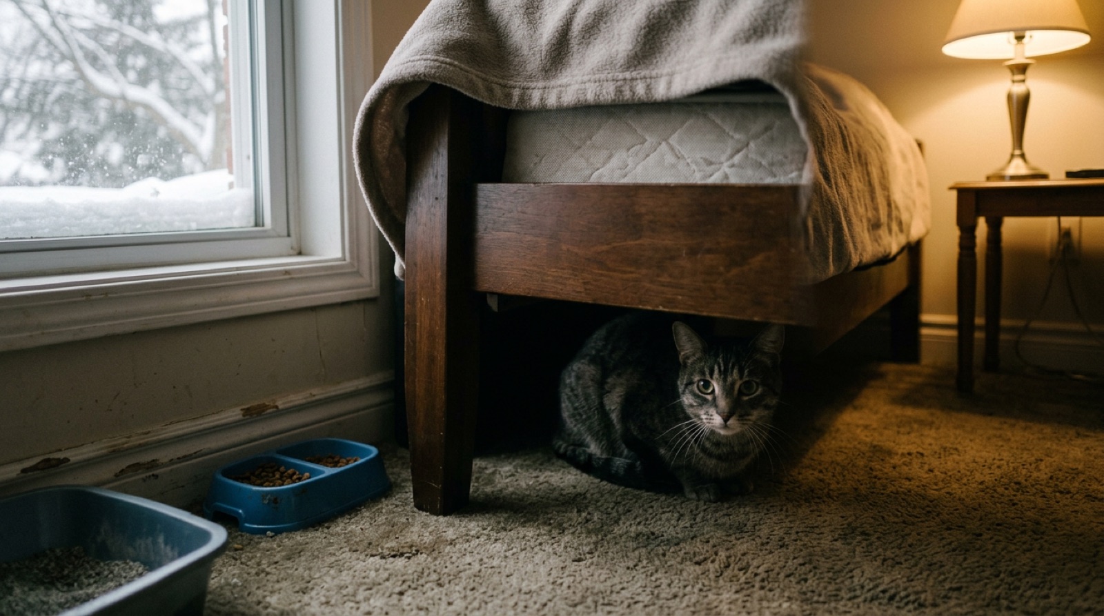 Newly adopted rescue cat peering out from under a bed in a Peterborough Ontario home