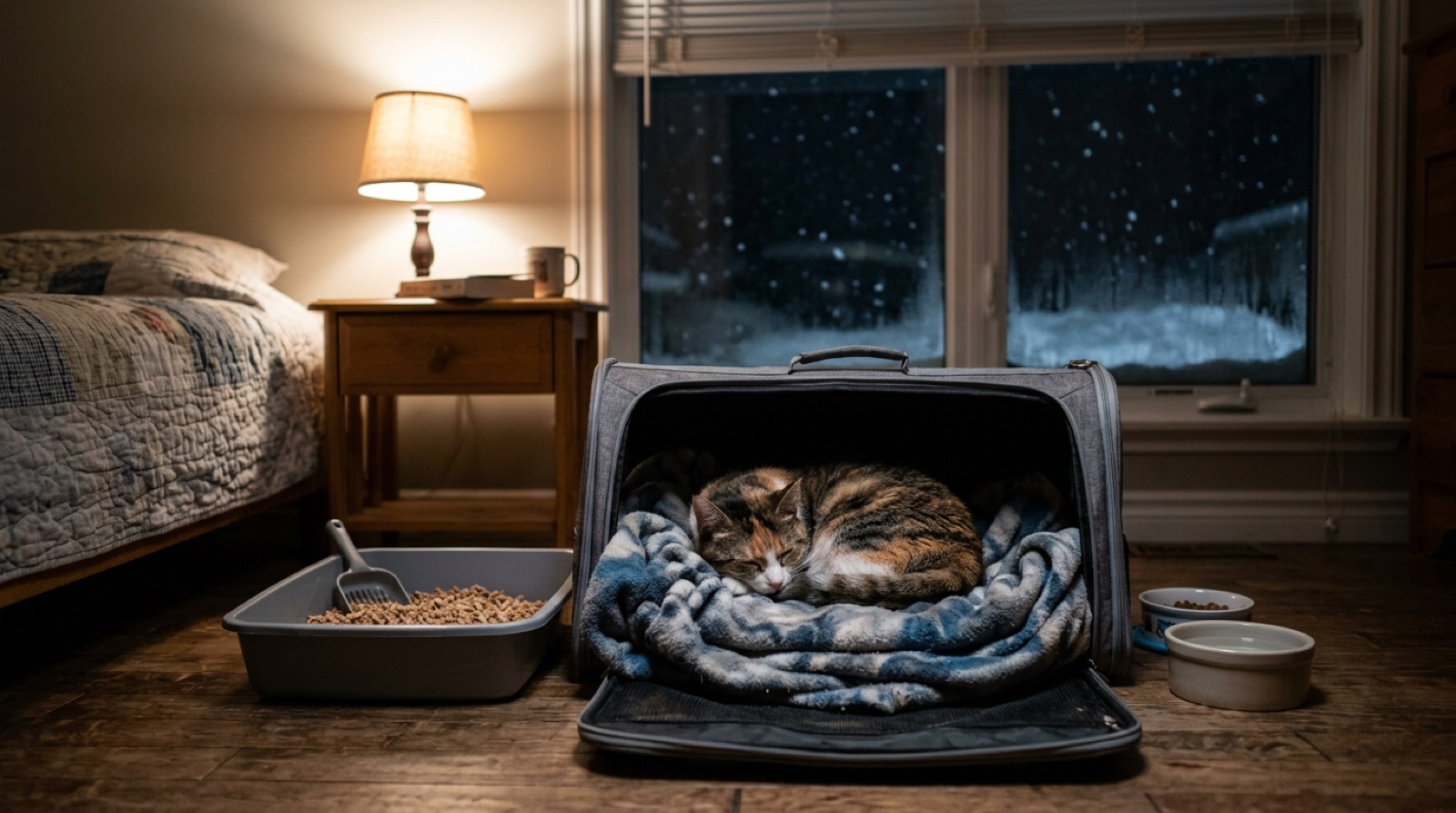 Newly adopted rescue cat peering out from under a bed in a quiet room