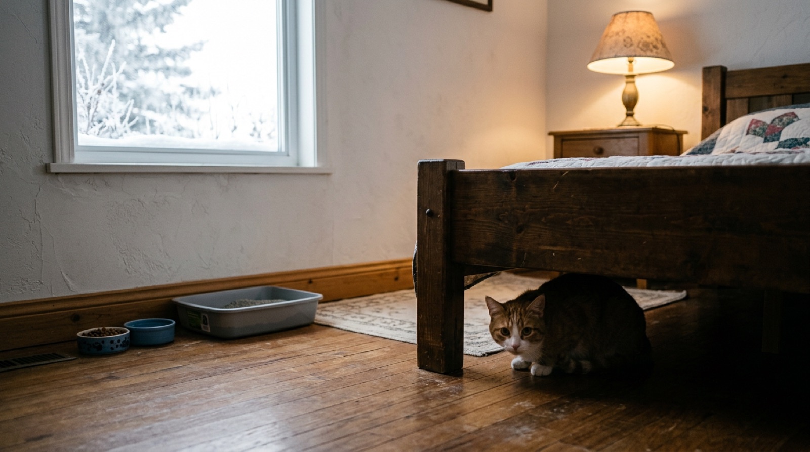 Newly adopted rescue cat peering out from under a bed in a Red Deer Alberta home