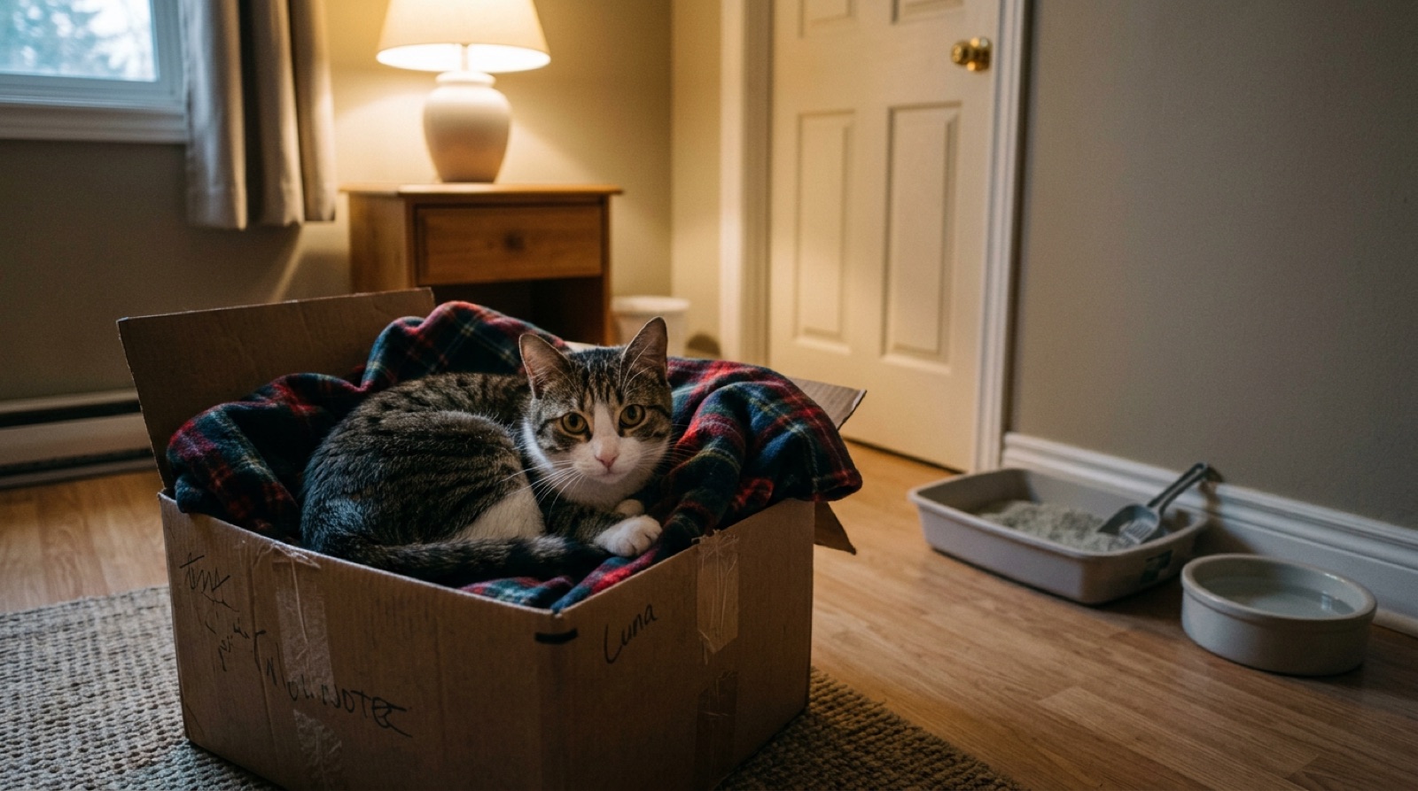 Newly adopted rescue cat peering out from under a bed in a Saint John home