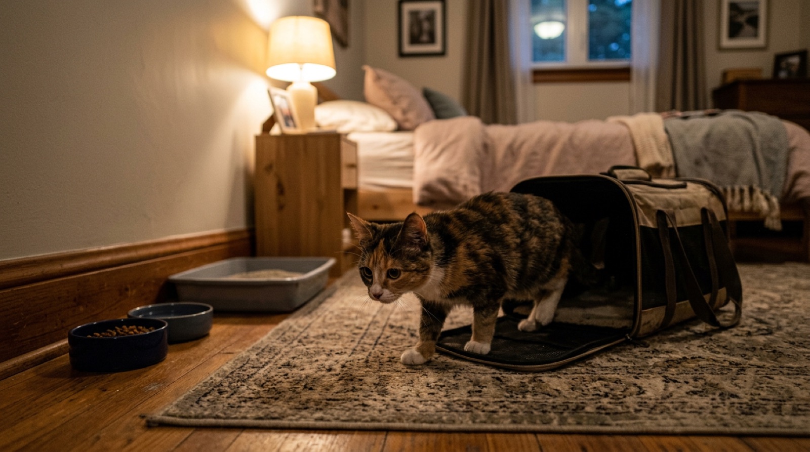 Newly adopted rescue cat peering out from under a bed in a St. Catharines Ontario home