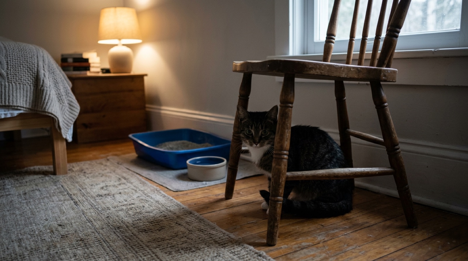 Newly adopted rescue cat peering out from under a bed in a quiet safe room