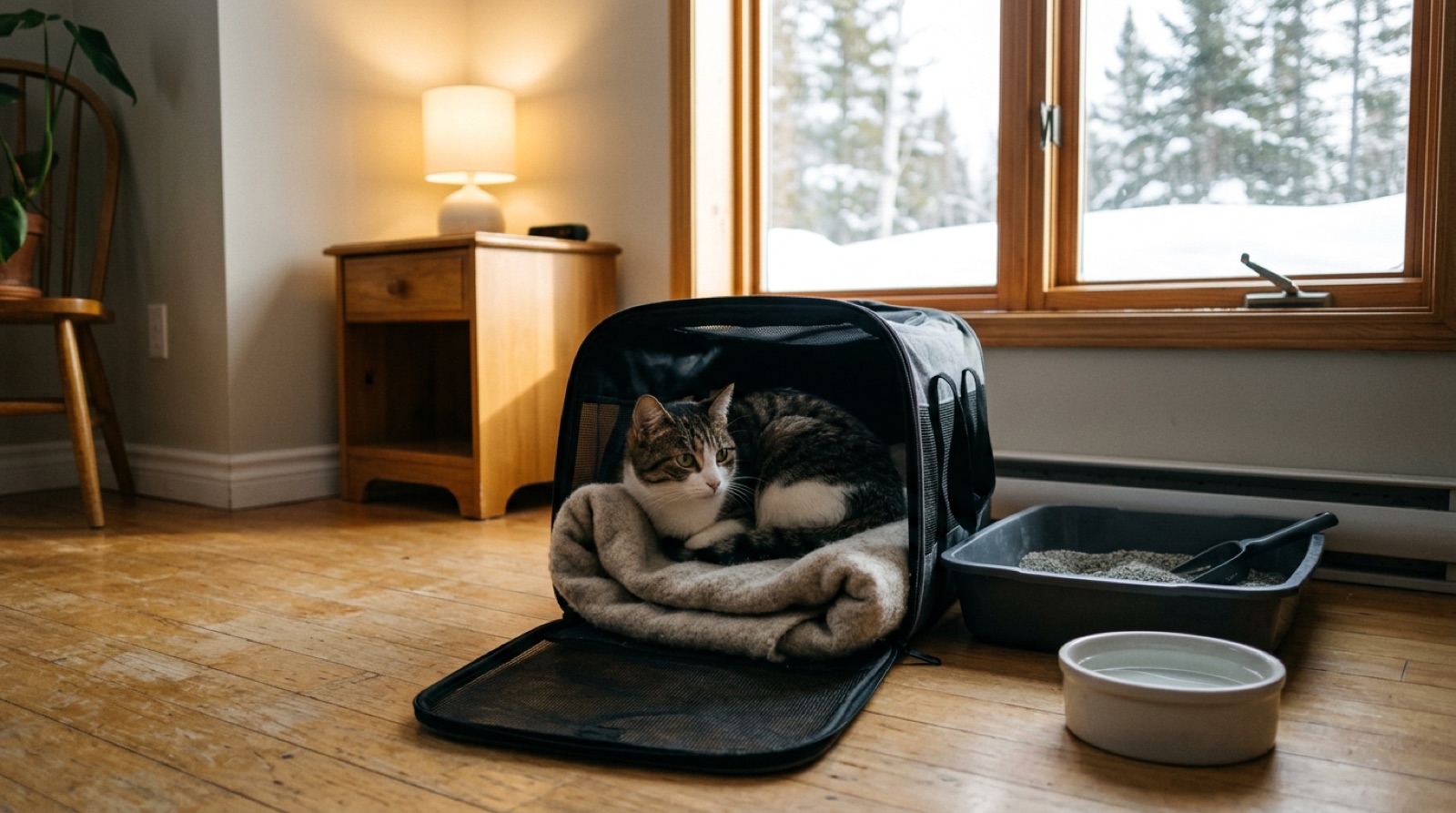 Rescue cat peeking out from under a bed in a Swan River Manitoba home