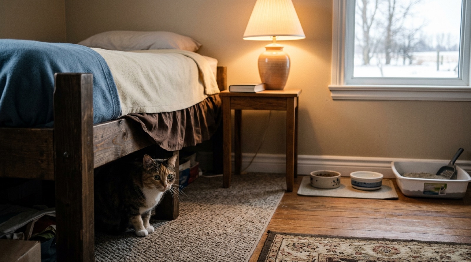 New rescue cat peeking out from a hiding spot in a quiet room in Swift Current Saskatchewan