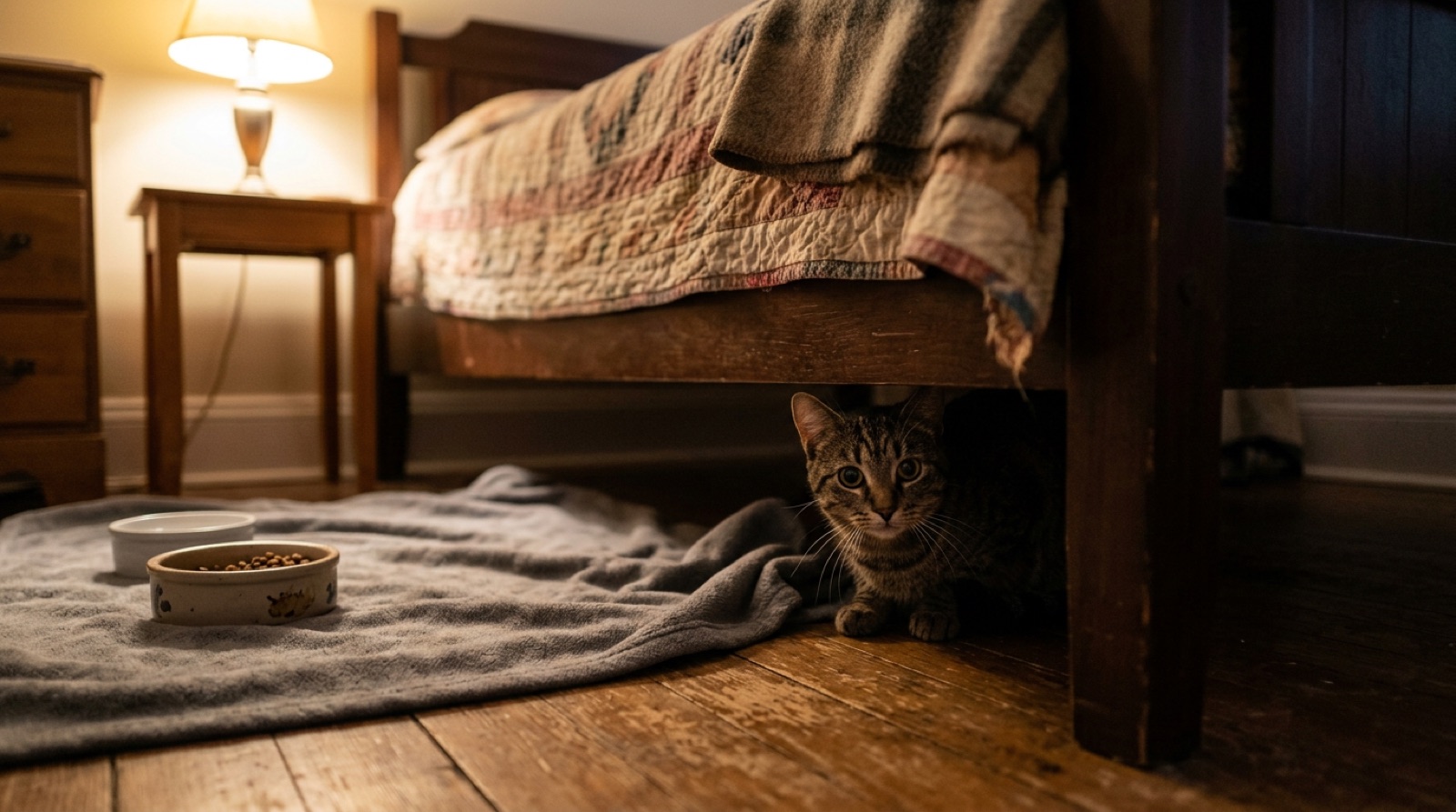 Newly adopted rescue cat settling into a safe room in a Winnipeg home