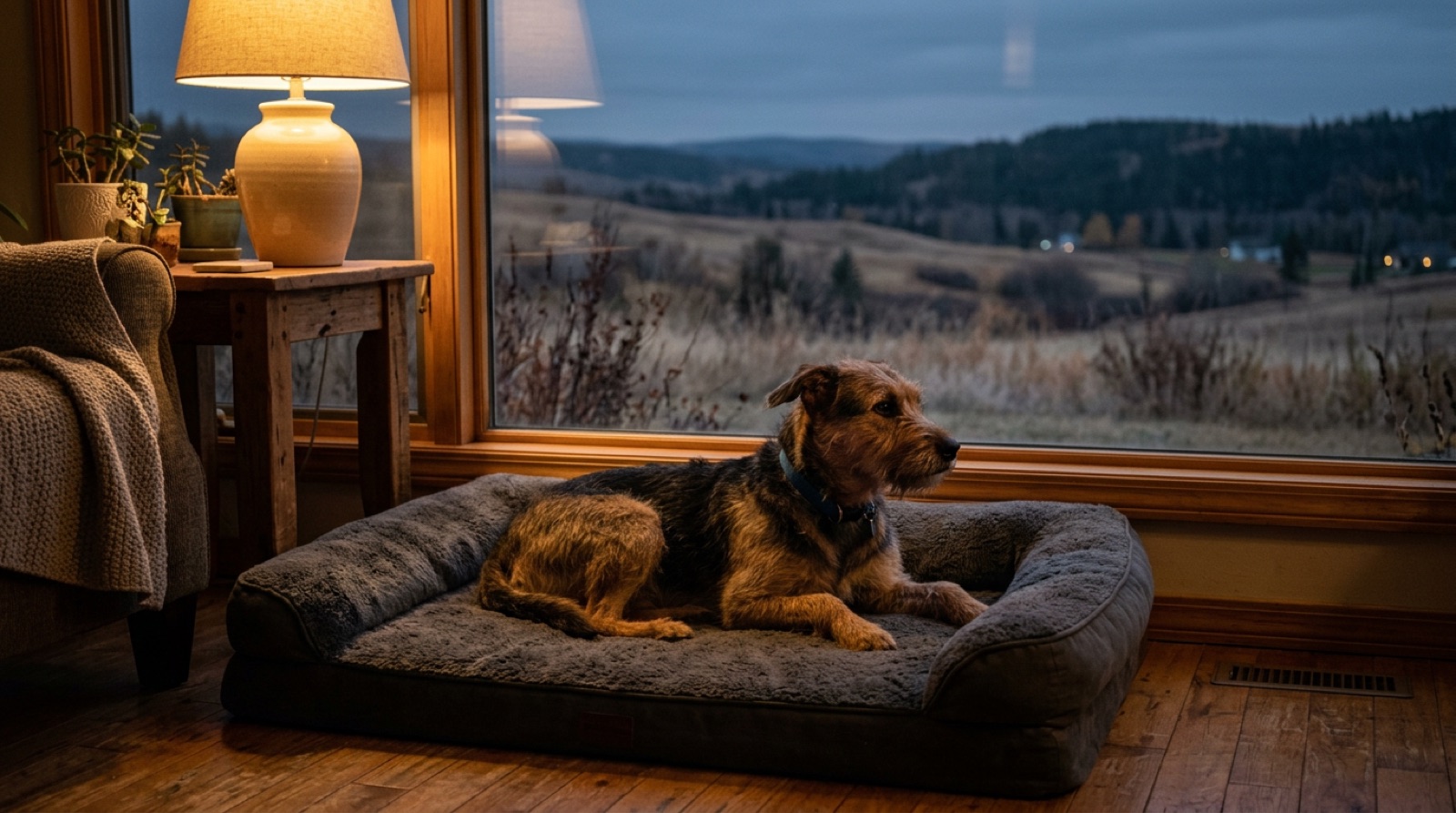 A newly adopted rescue dog resting on a bed in a quiet Cochrane, Alberta living room