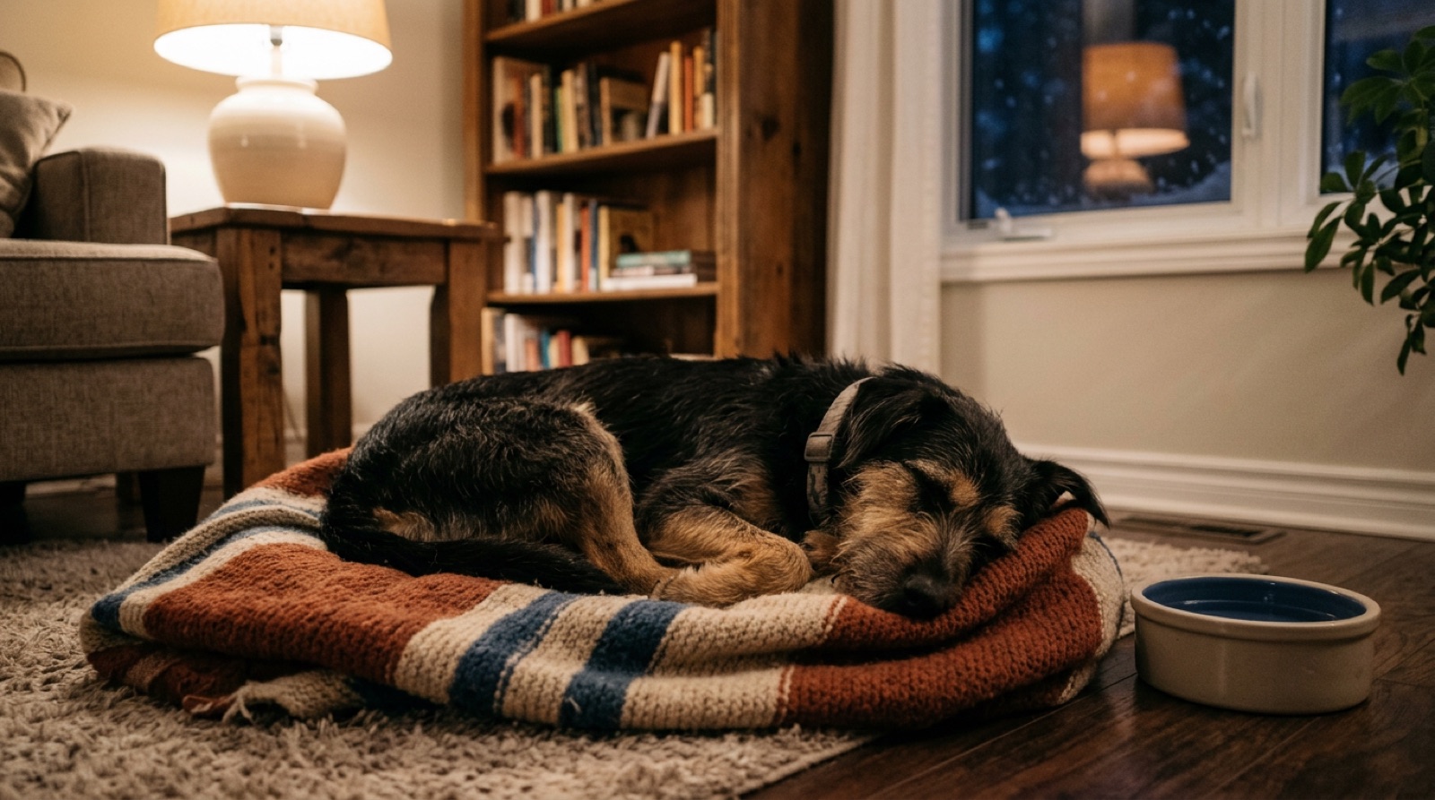 Newly adopted rescue dog settling into a quiet corner of a Fredericton home