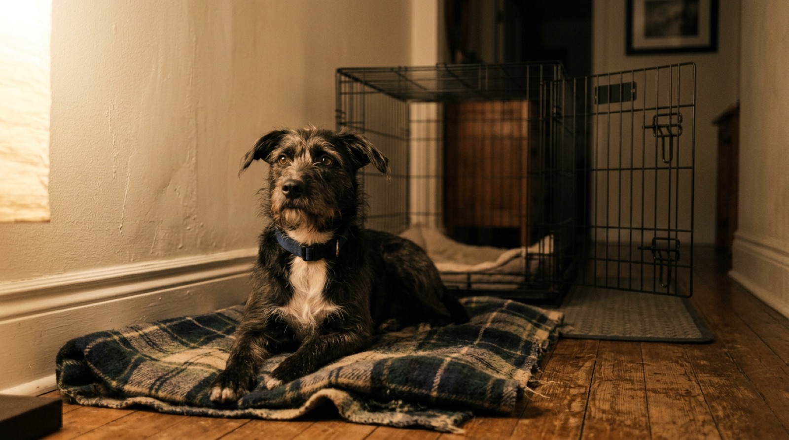 A newly adopted rescue dog resting on a bed in a quiet Hamilton living room