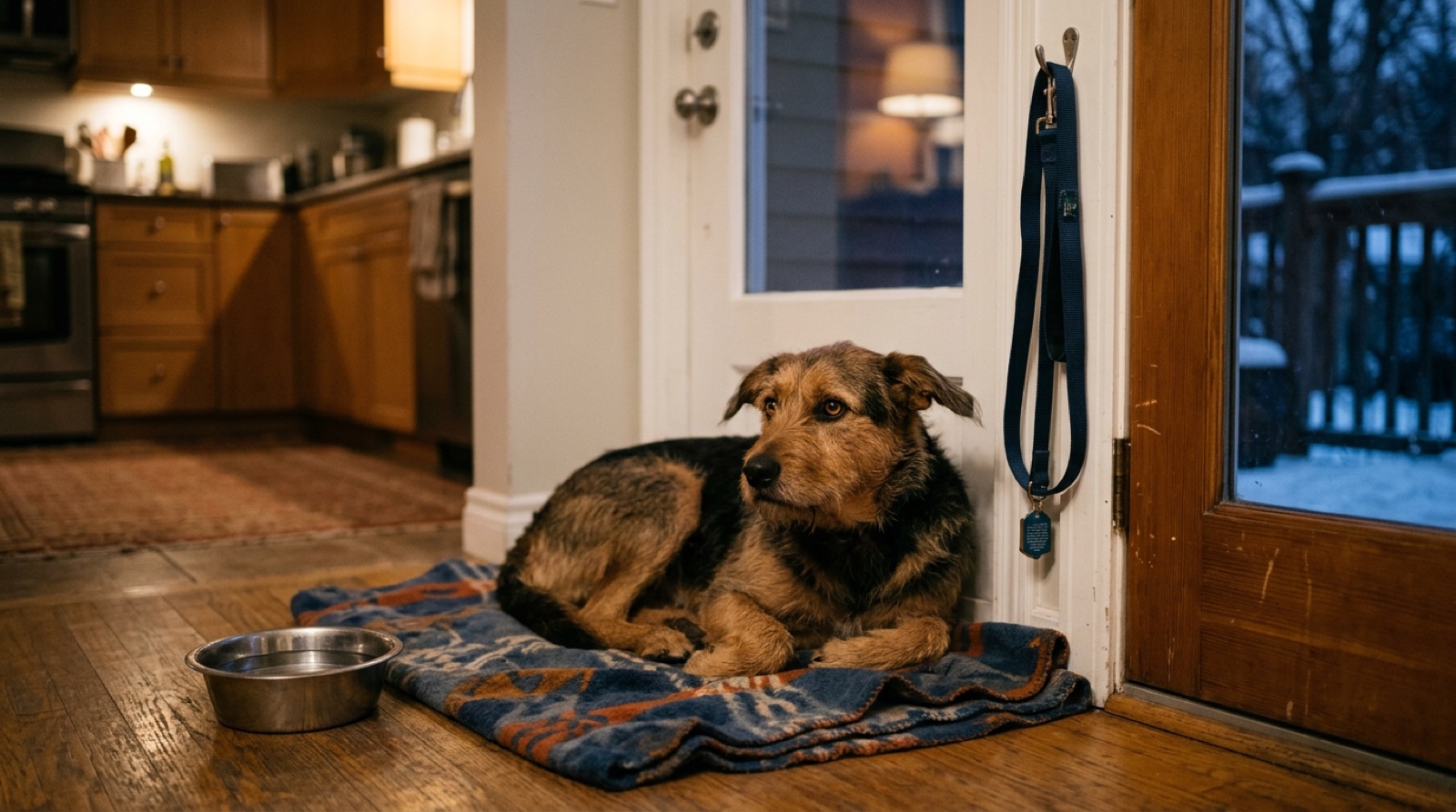 A newly adopted rescue dog resting on a bed in a quiet Kingston, Ontario living room