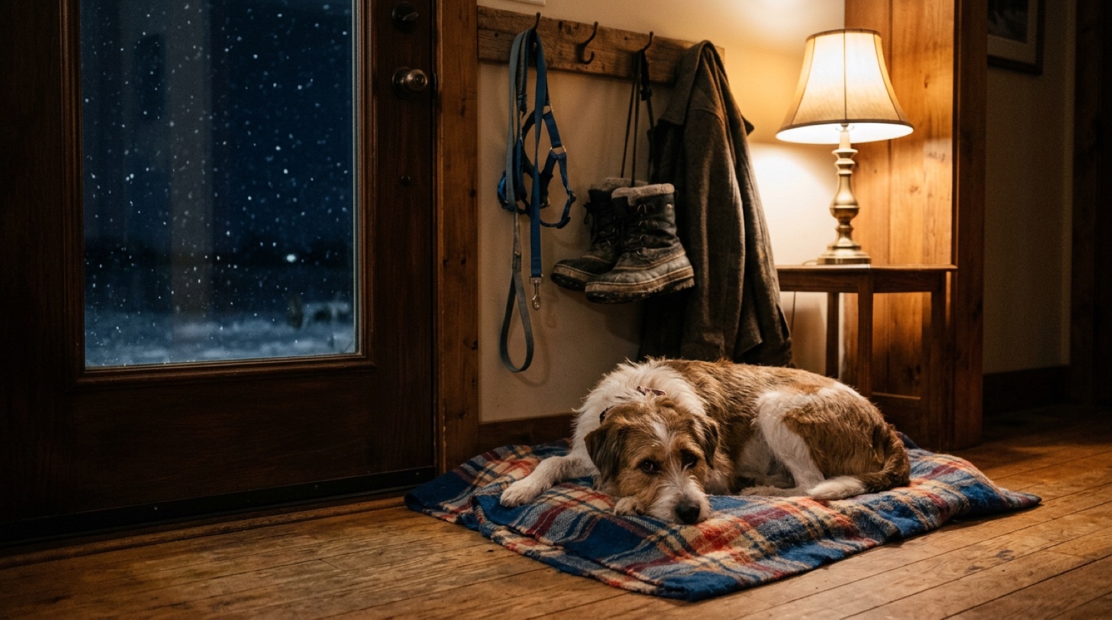 A calm rescue dog resting on a bed in a Lloydminster home during its first week