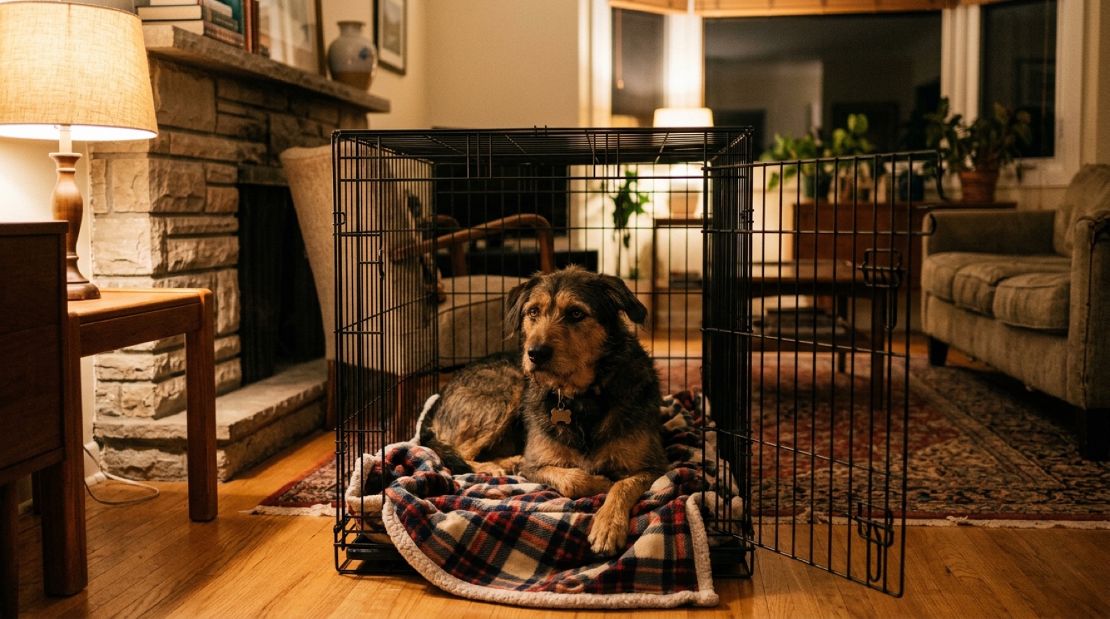 A newly adopted rescue dog resting on a bed in a quiet London, Ontario living room