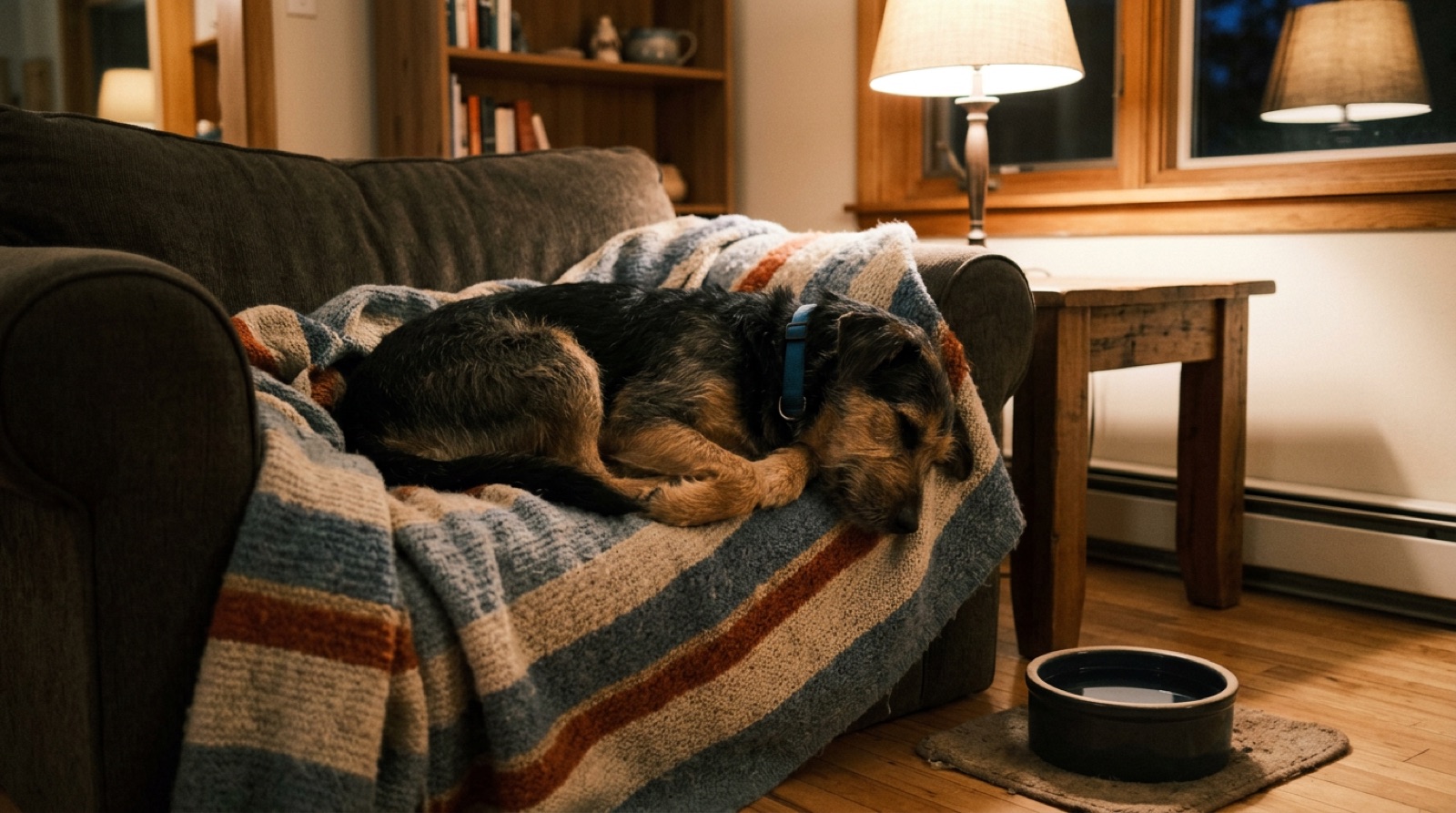 Newly adopted rescue dog settling into a quiet corner of a Moncton home