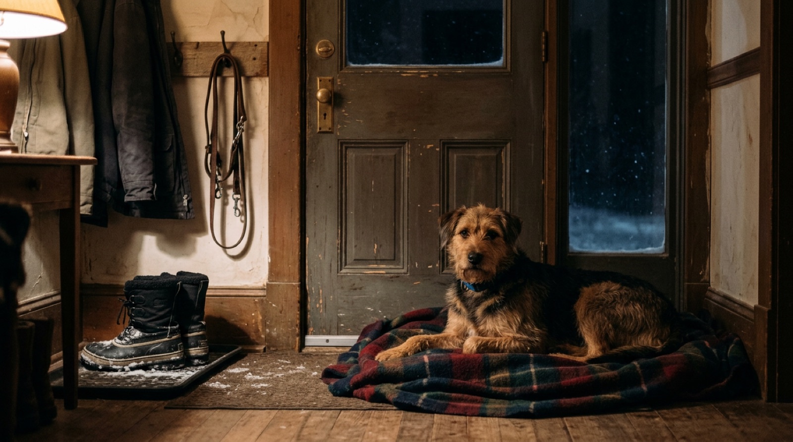 A newly adopted rescue dog resting on a bed in a quiet North Battleford living room in winter