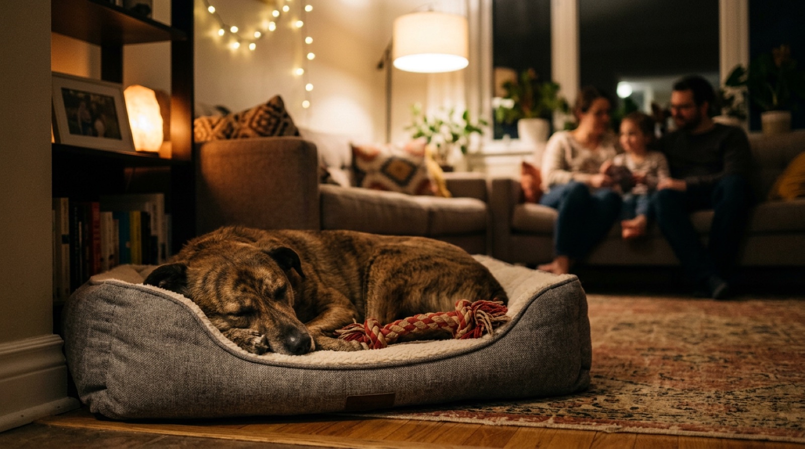 A newly adopted rescue dog resting on a bed in a quiet St. Catharines living room