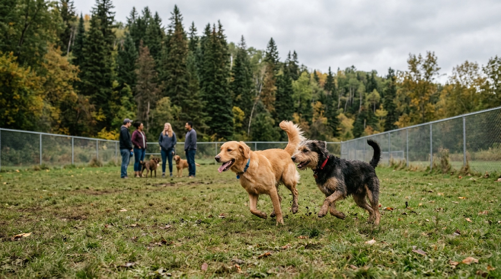 Dogs playing together at a fenced off-leash park in Fredericton