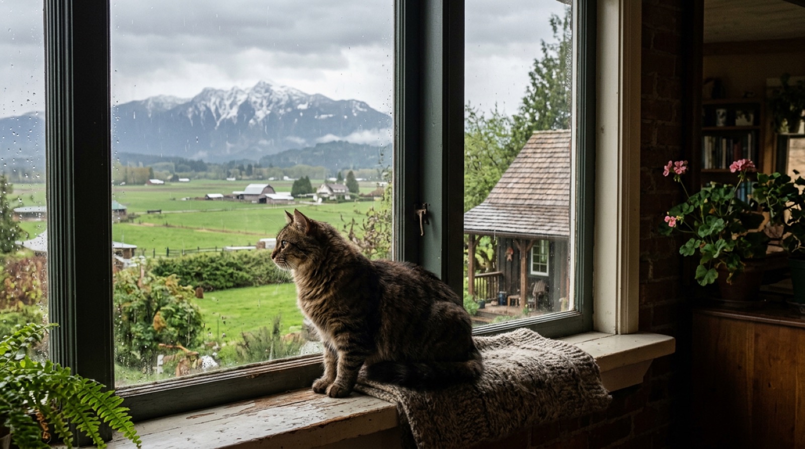 Cat watching the farmland through a window perch in an Abbotsford BC home