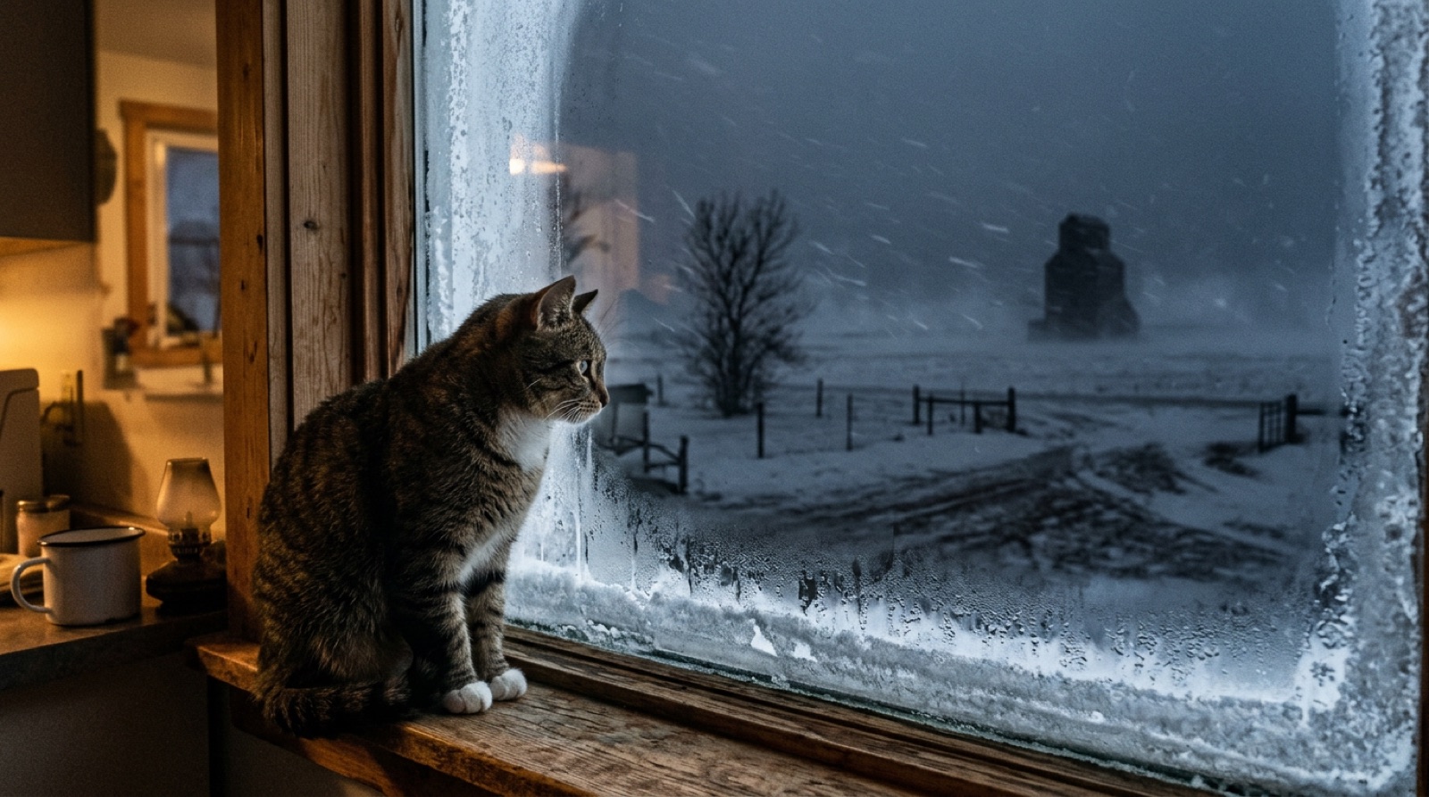 Cat watching prairie snow through a frosted window in Brandon Manitoba