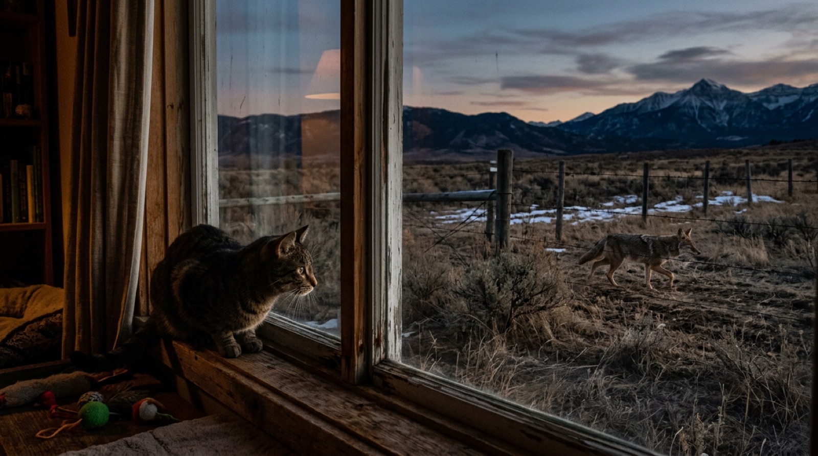 Cat watching snow through a window with the Alberta foothills beyond in Cochrane