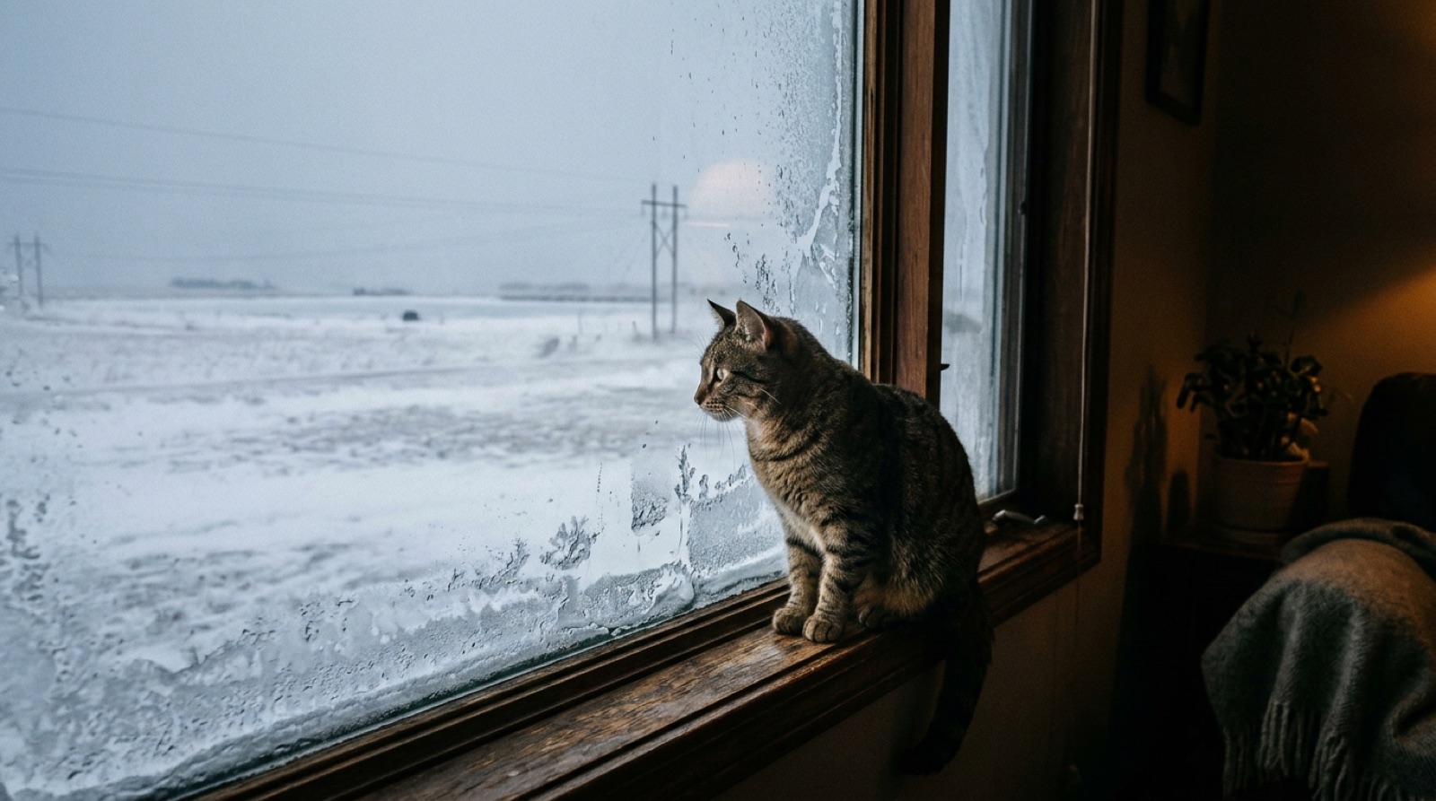 Indoor cat watching snow through a window in Estevan Saskatchewan