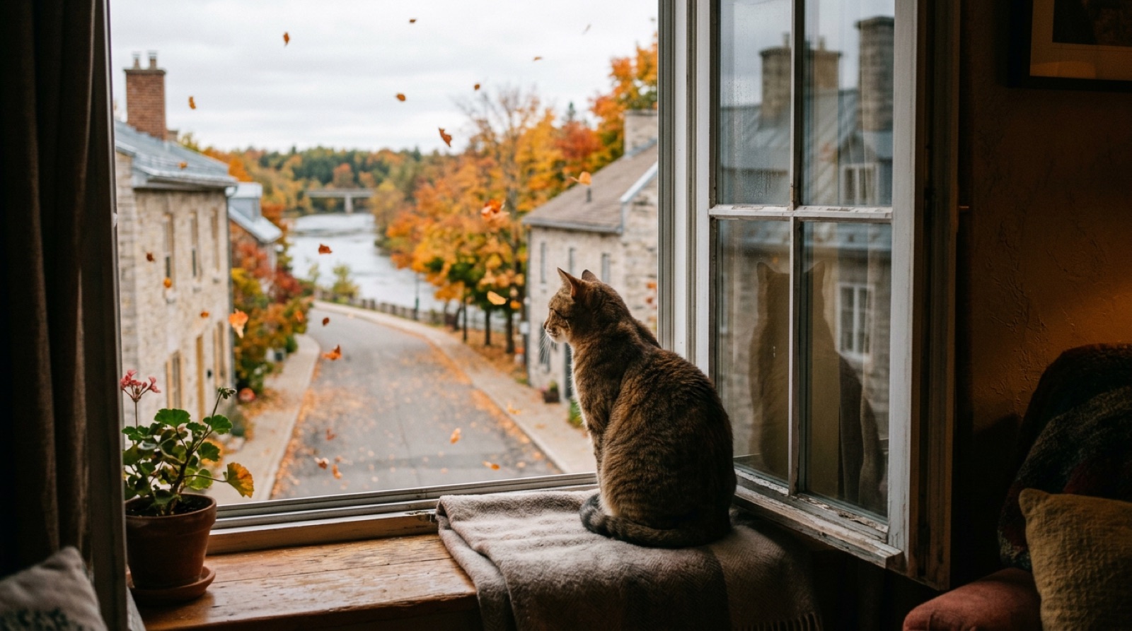 A cat watching a winter street from a window perch in a Guelph home