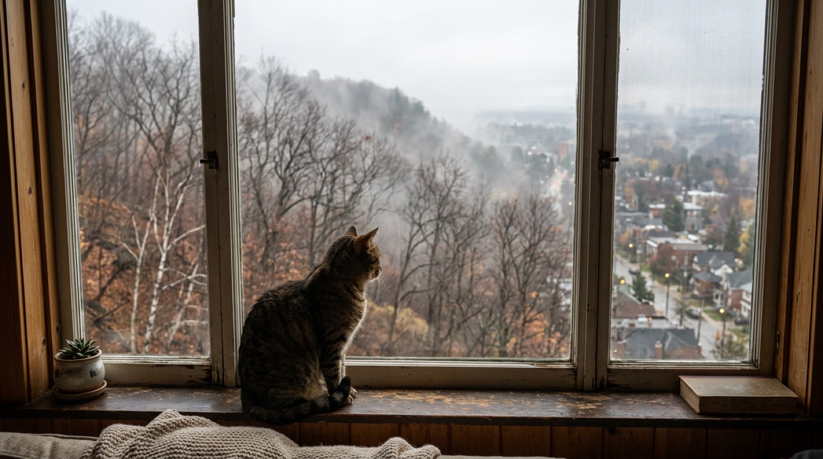 Cat watching from a window perch above a Hamilton Ontario neighbourhood in winter
