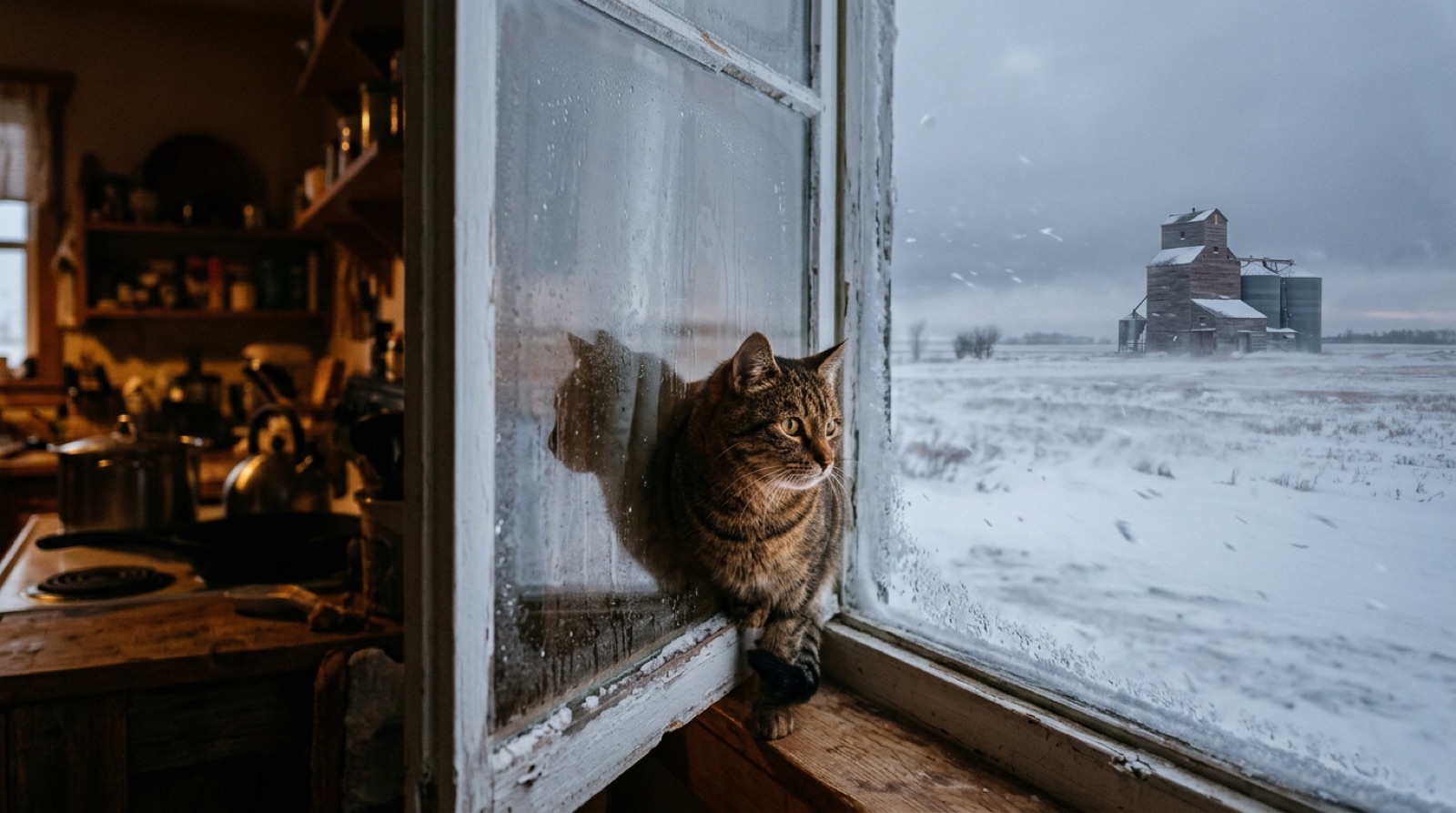 Indoor cat watching a snowy prairie yard through a window in Humboldt Saskatchewan