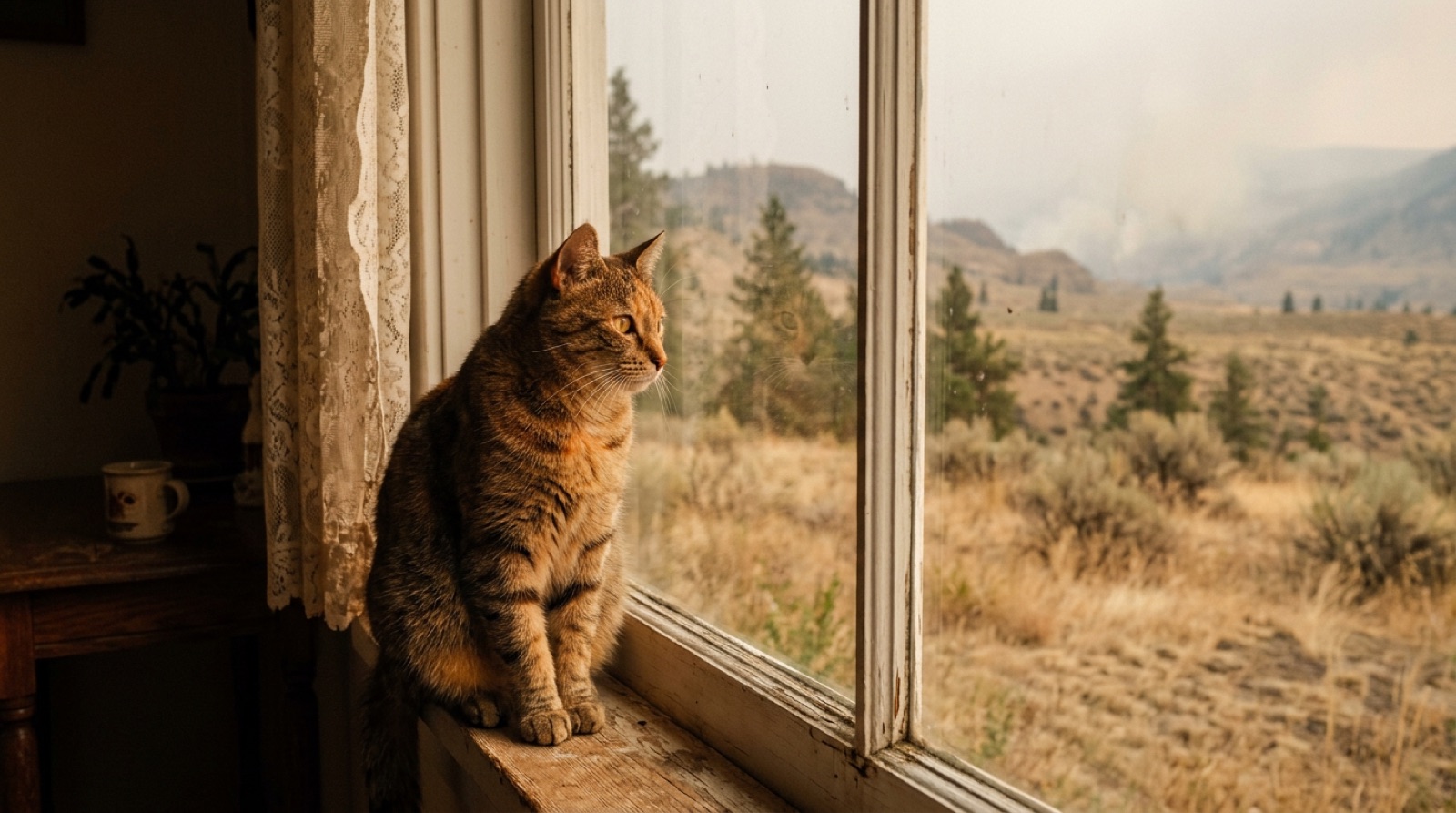 Cat watching the dry hillsides through a window perch in a Kamloops BC home