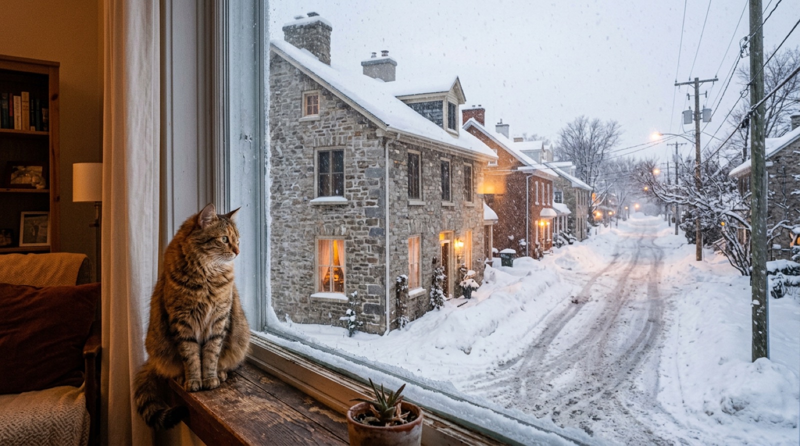 Cat watching snow through a window of a limestone house in Kingston Ontario