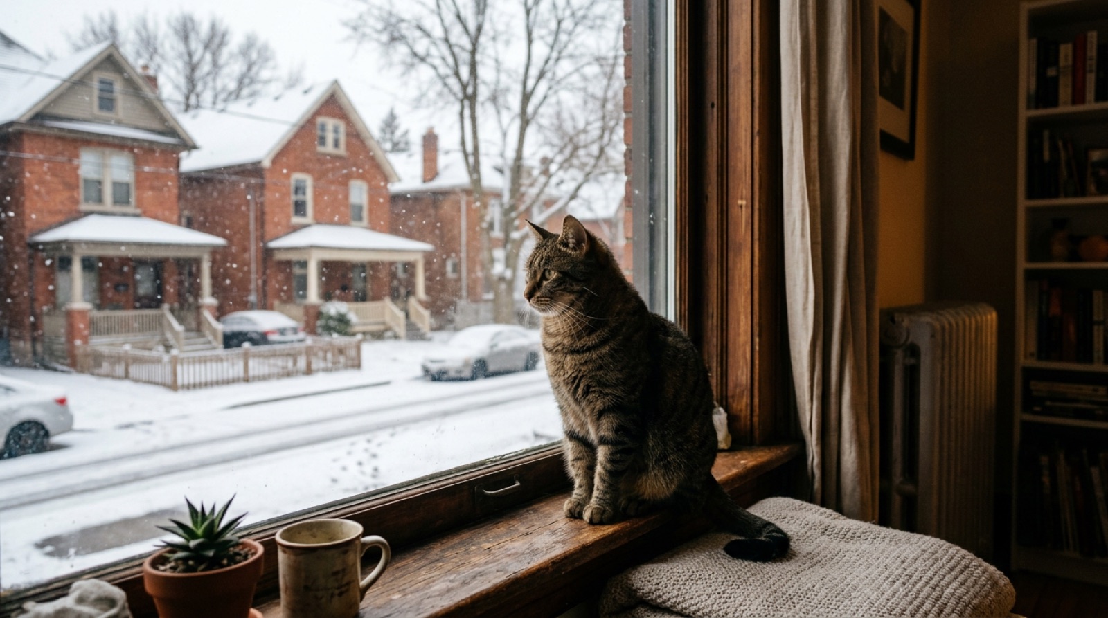 A cat watching a winter street from a window perch in a Kitchener home