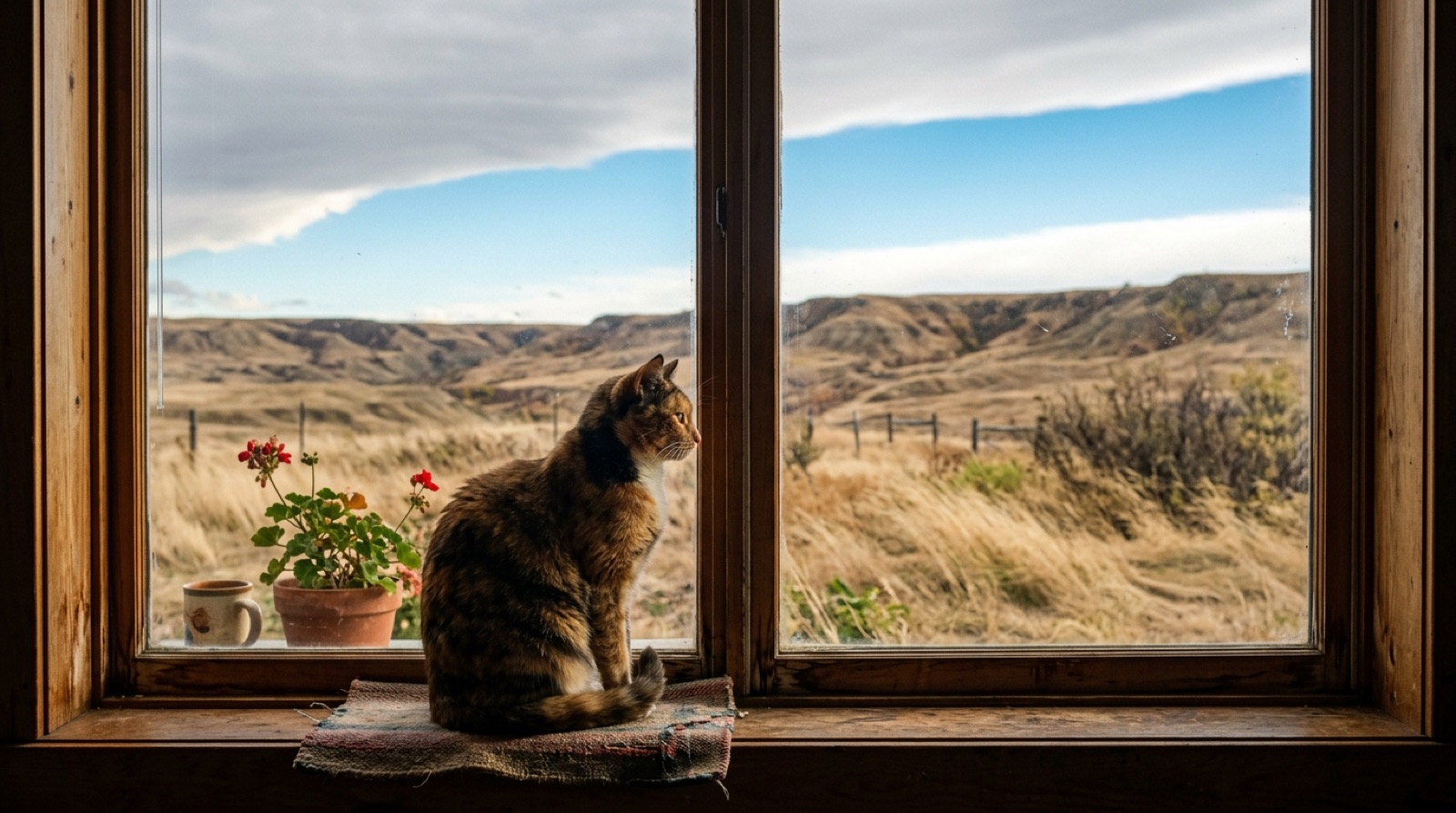Indoor cat watching out a window over the coulees in Lethbridge Alberta