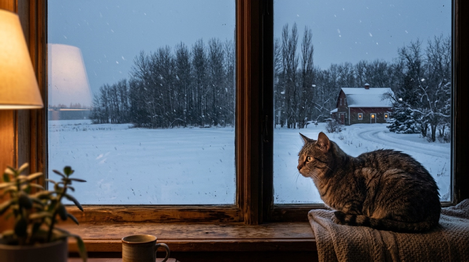 Indoor cat watching snow through a window during a Melfort Saskatchewan winter