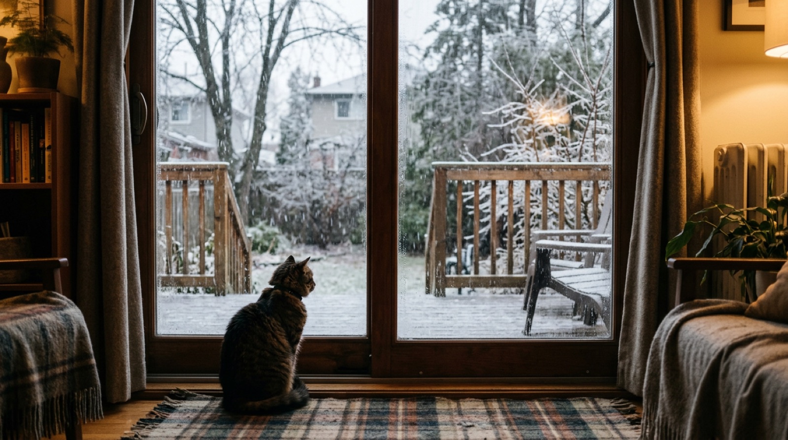 Cat watching falling snow from an indoor window perch in Moncton New Brunswick