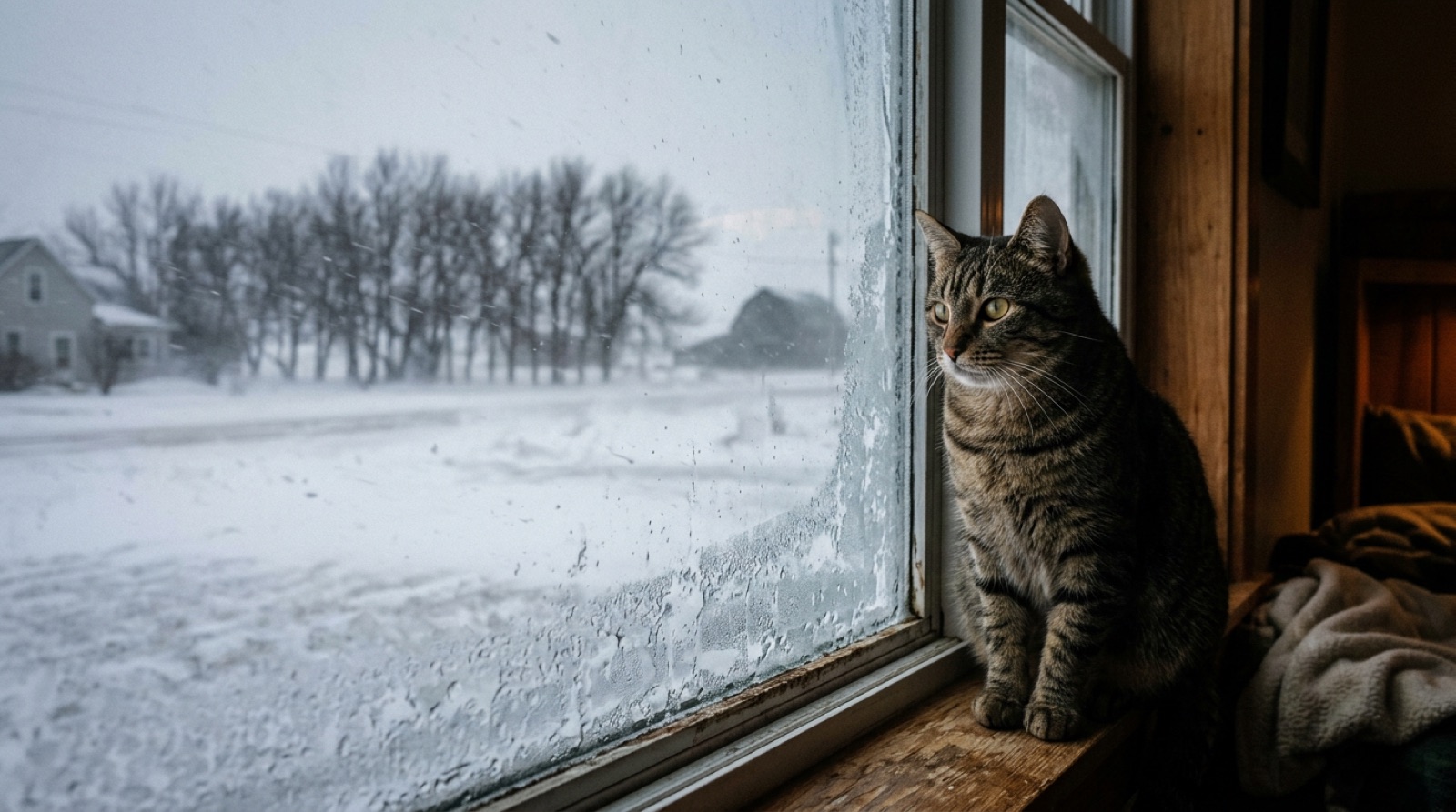 Cat watching falling snow from inside a warm Moose Jaw window