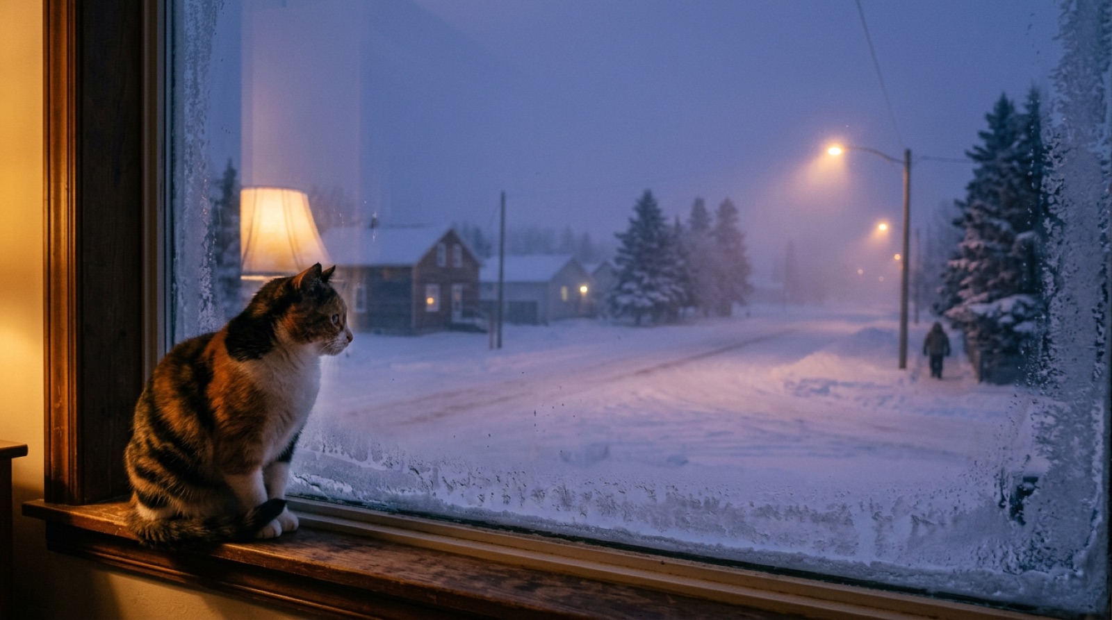 Cat watching prairie snow through a window in North Battleford Saskatchewan
