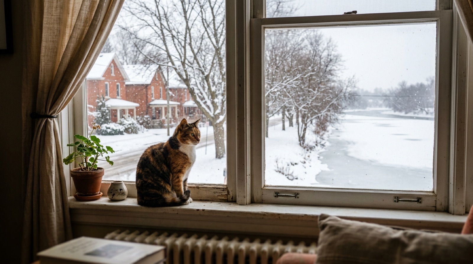 Cat watching the snow through a window perch in a Peterborough Ontario home