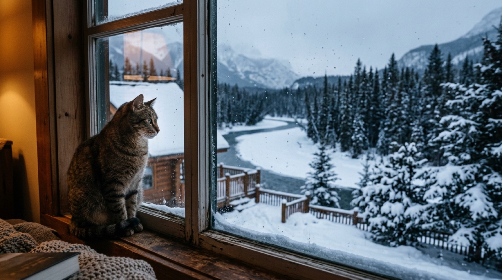 Cat watching falling snow from inside a warm Prince Albert window
