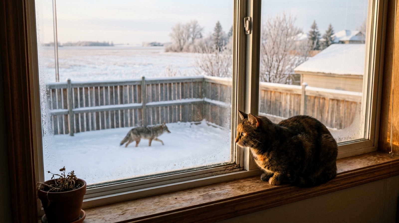 Cat watching snow through a window perch in a Red Deer Alberta home