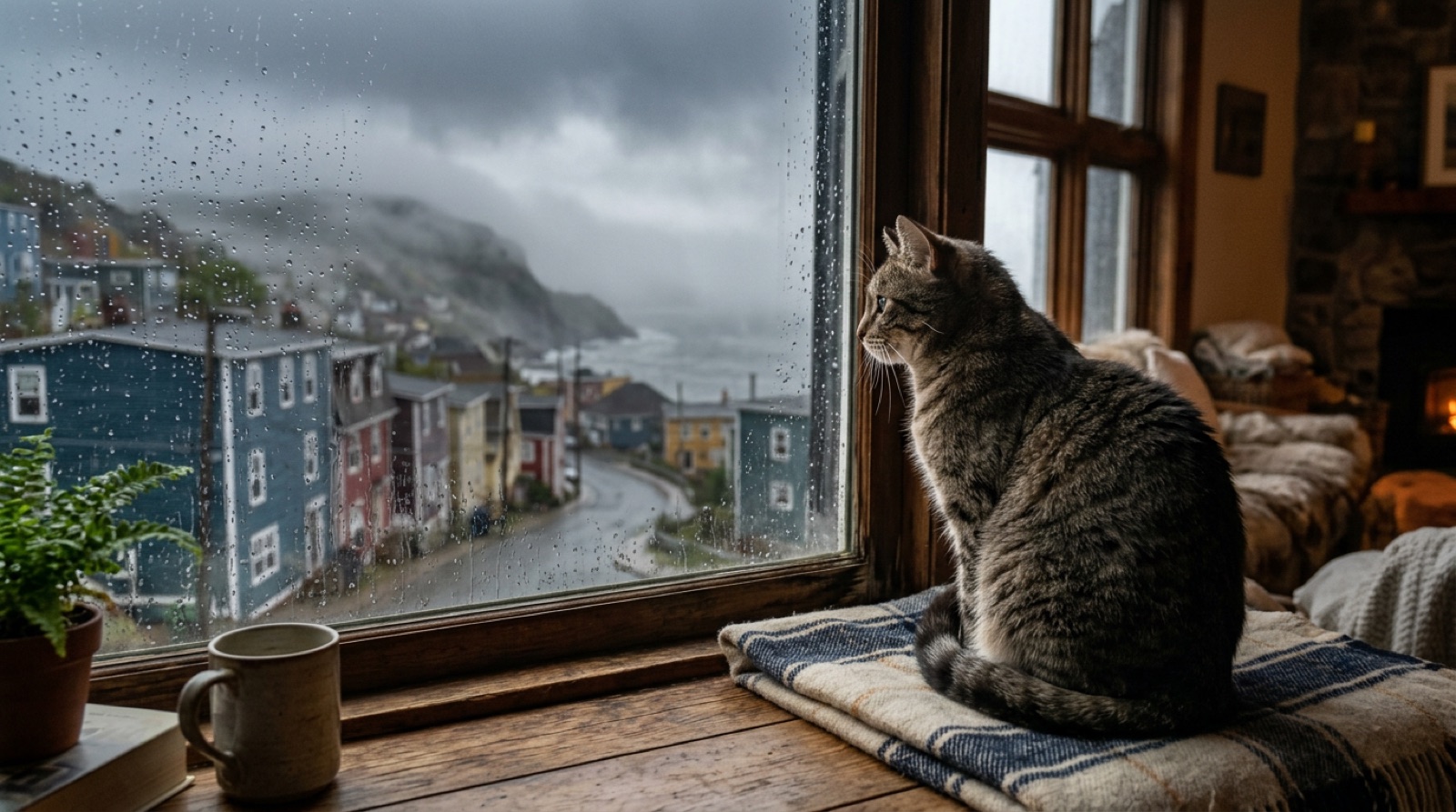 Cat watching sea fog through a window in a Saint John New Brunswick home