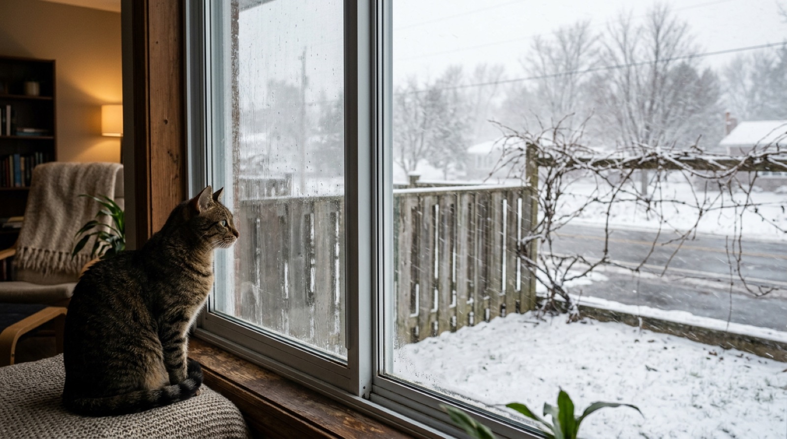 Cat watching the garden from a screened window perch in a St. Catharines Ontario home