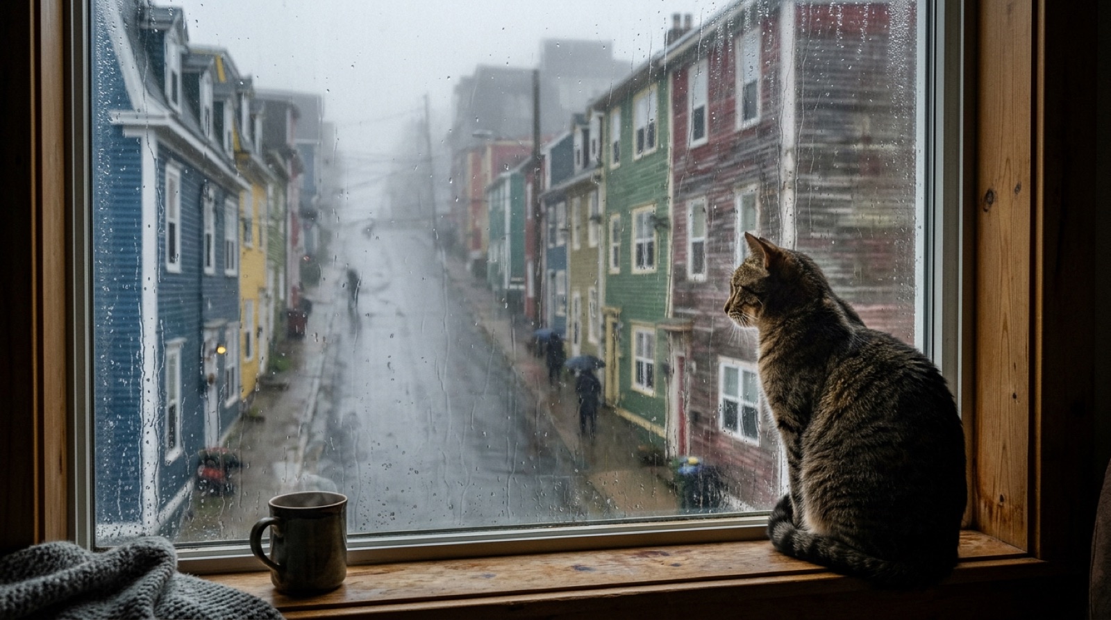 Cat watching fog roll in through a window of a colourful row house in St. John's Newfoundland