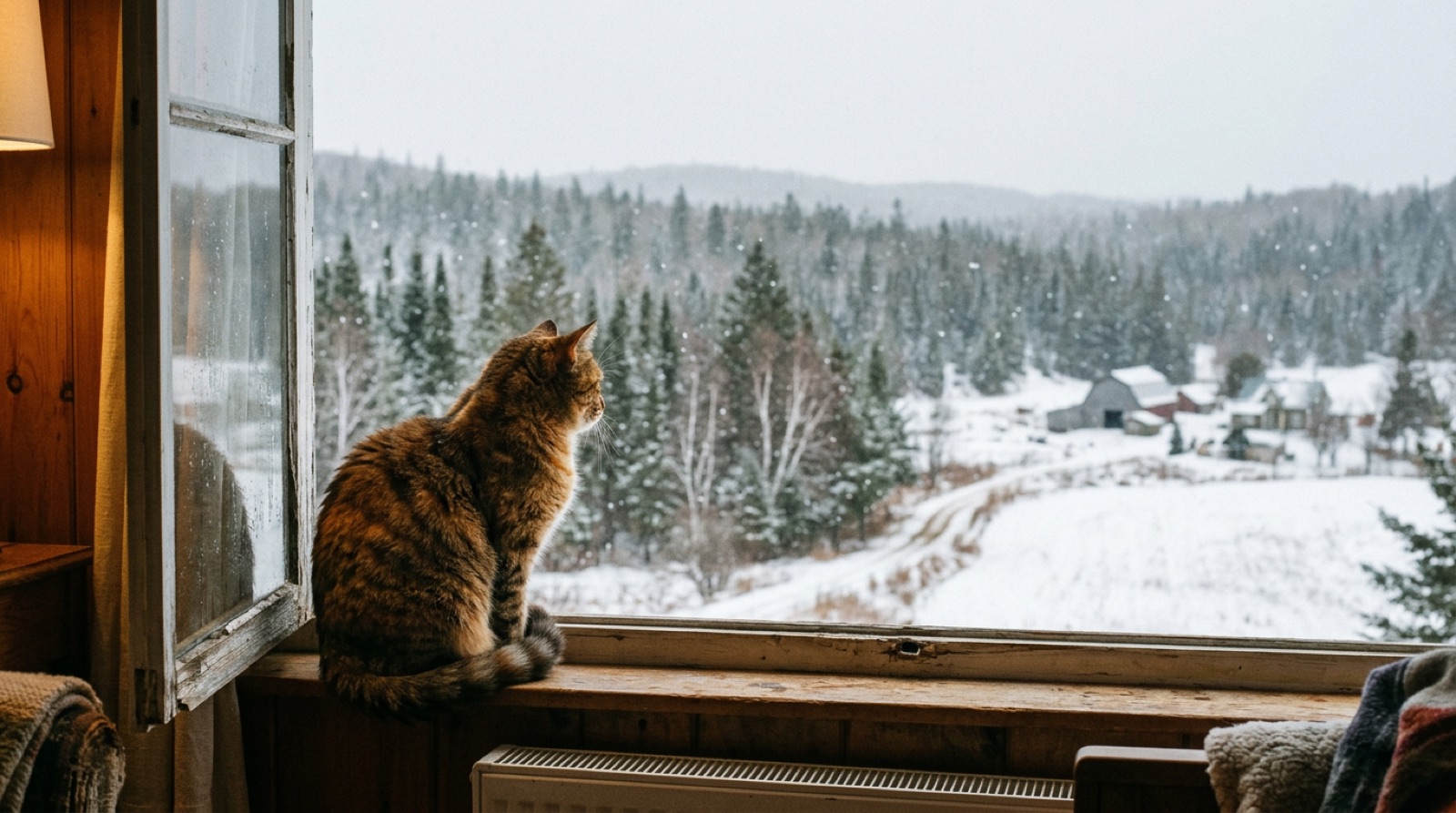 Indoor cat watching snow through a window in Swan River Manitoba