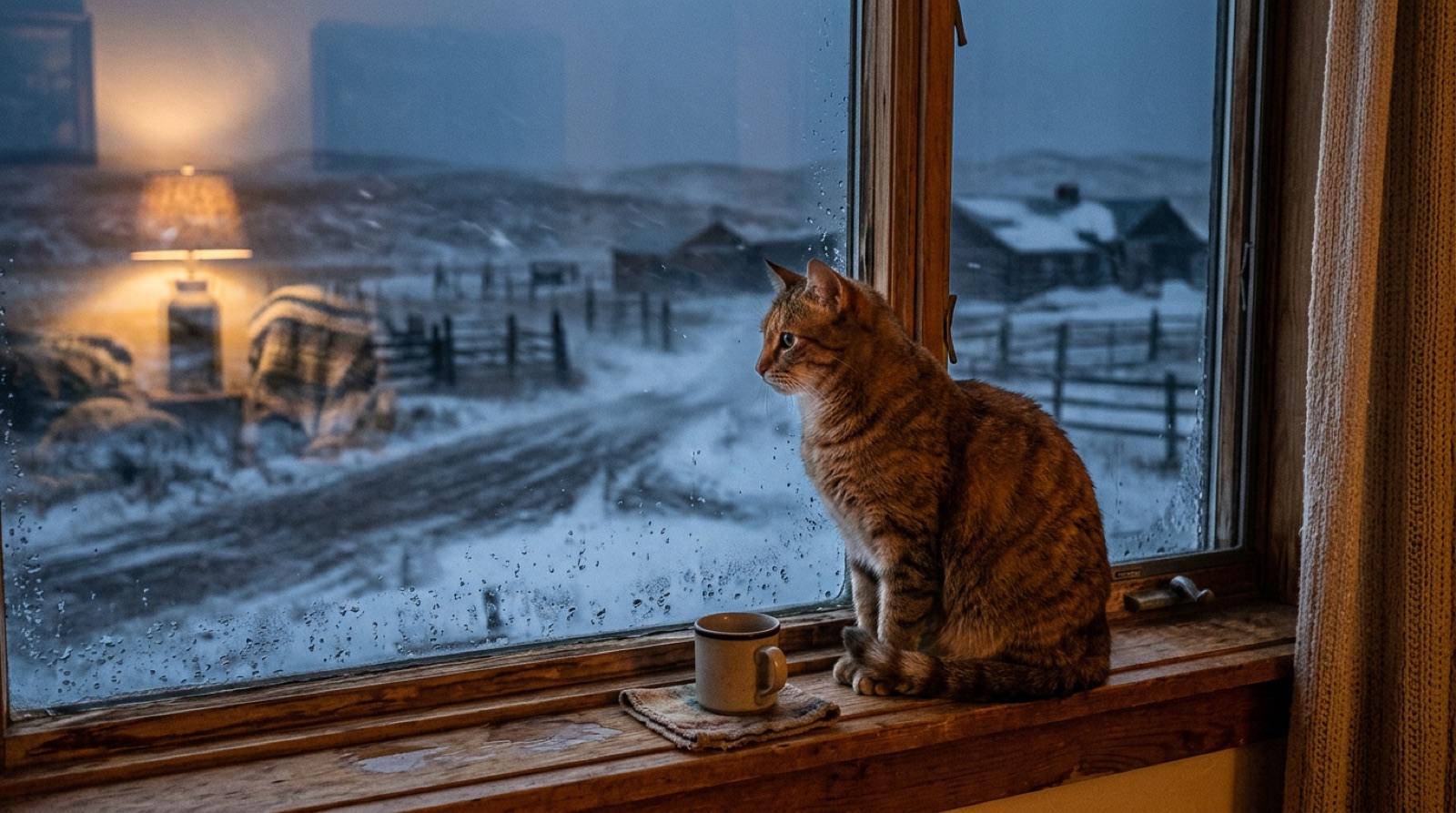 Indoor cat watching wind and snow through a window during a Swift Current Saskatchewan winter