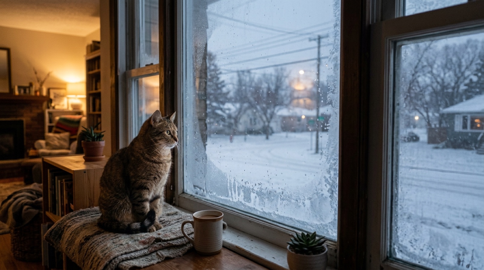 Cat watching the weather from a windowsill in Winnipeg